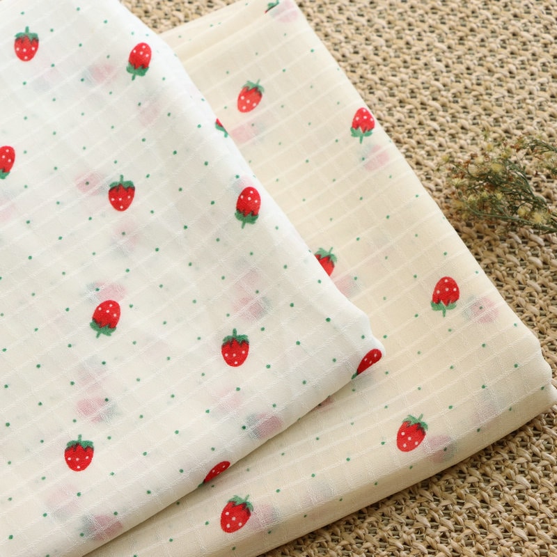 Cute Japanese Style Red Strawberry White Offwhite Grid Chiffon Fabric By Yard For Dress Pants