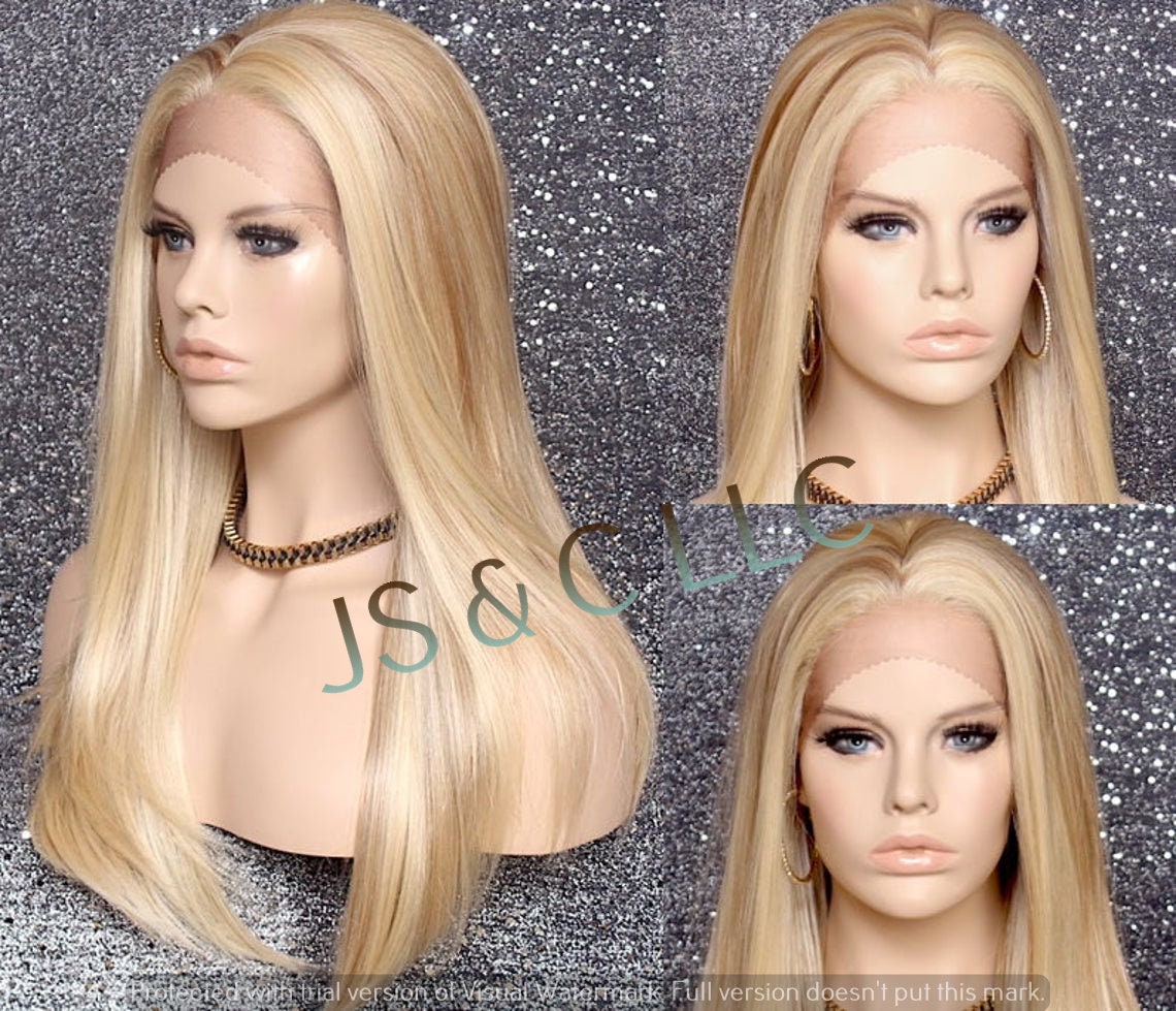 Human Hair Blend Hand Tied Full Lace Front Wig Heat Ok Center Mono Part Layered Sides Blonde Mix Straight Cancer/Alopecia/Cosplay Active