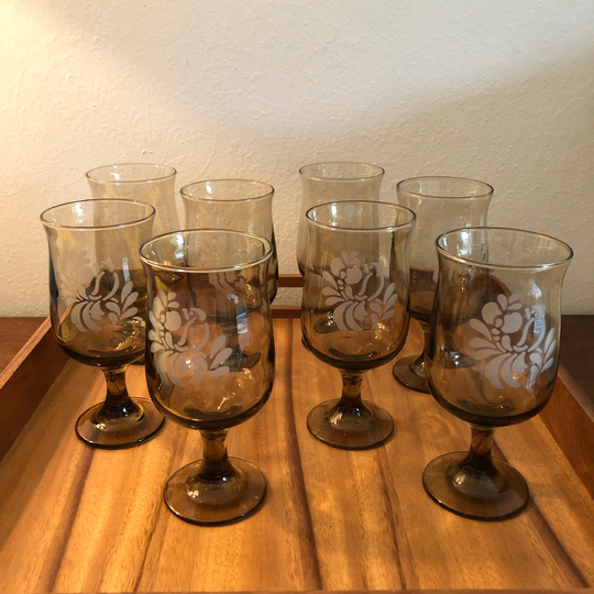 Vintage Amber Glass Champagne Flutes Set of 8