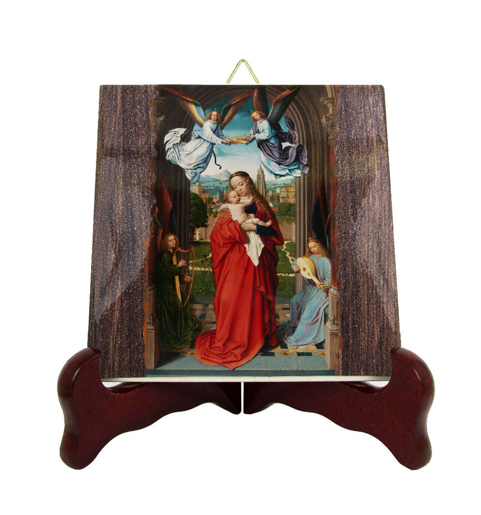 Catholic Decor - Madonna & Child With Four Angels Religious Icon On Tile Painting By Gerard David Christian Art Gifts