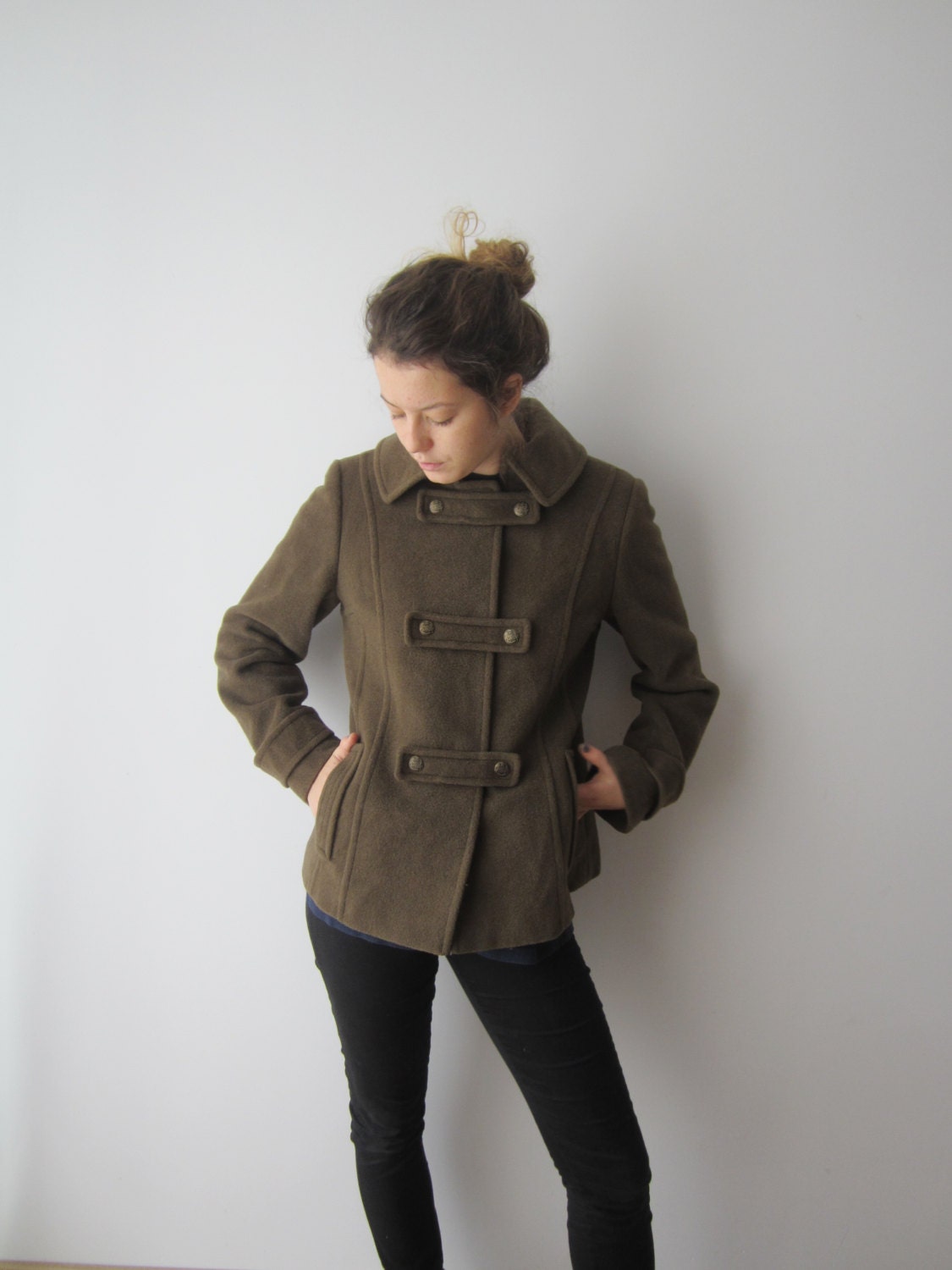 Vintage Wool Blend Cashmere Jacket Moss Green Cropped Coat Marching Band Warm Medium Size Autumn Winter St. Johns Bay