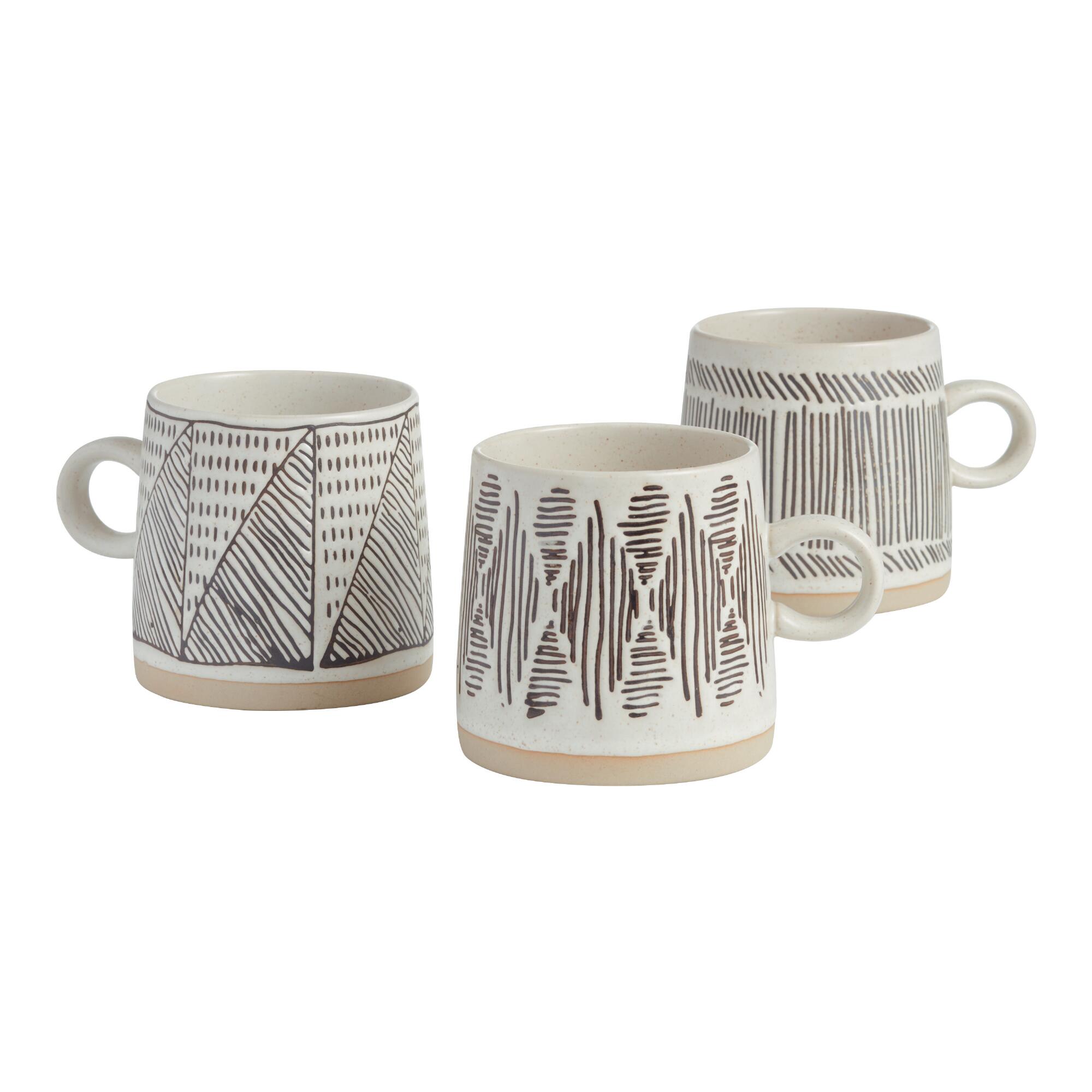 Black And White Wax Resist Geometric Mugs Set Of 3: Black/White/Natural - Stoneware by World Market