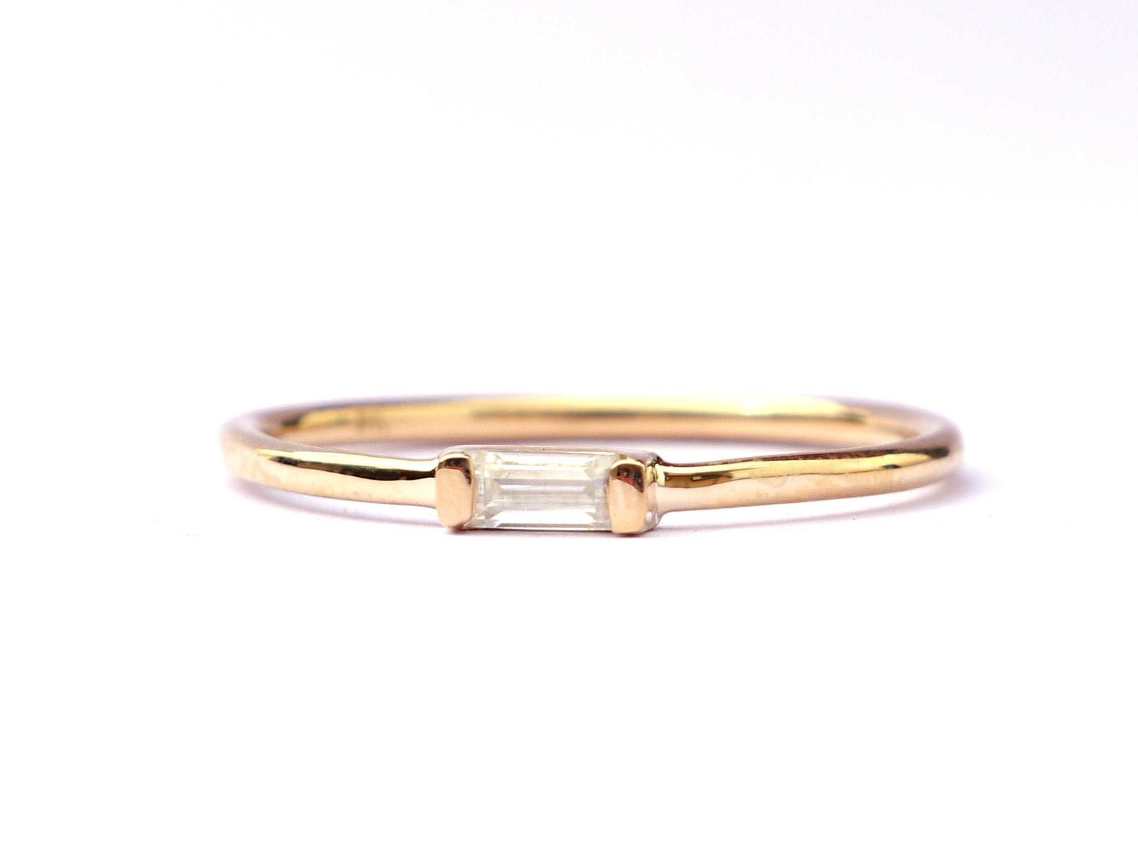 Diamond Baguette Ring. Thin Gold Stacking & Diamond Dainty Ring