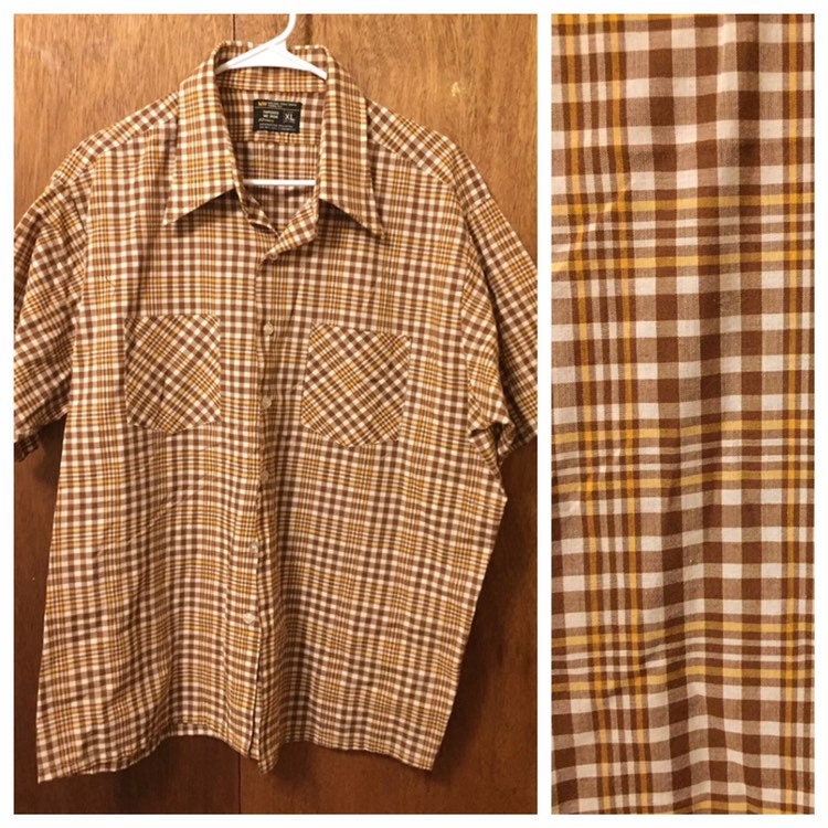 Vintage 60S Plaid Casual Cotton Blend Shirt Short Sleeve Xl