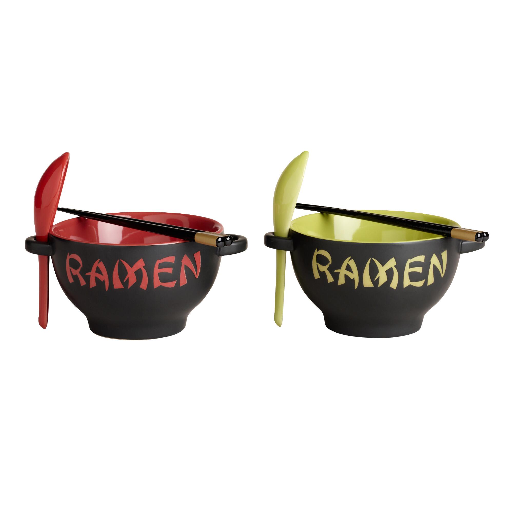 Red and Green Ramen Bowls With Utensils Set of 2: Black/Green/Multi - Stoneware by World Market