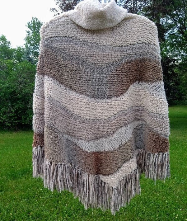 Textured Wool Blend Poncho - Cowl Collar- Ladies L/xl