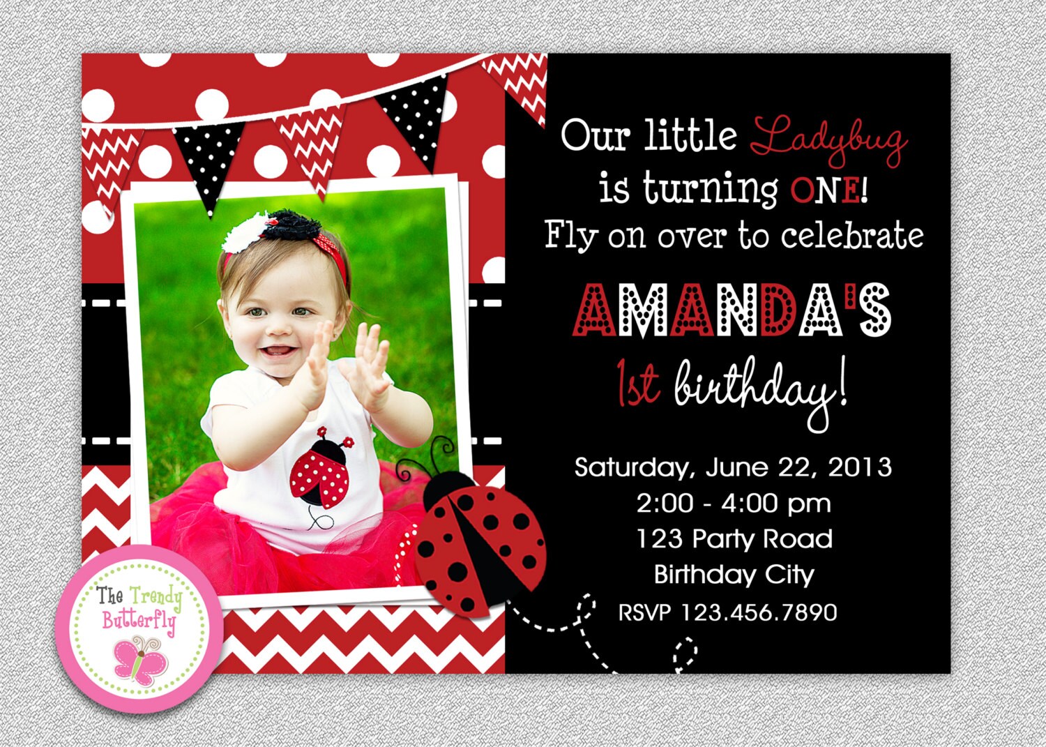 Ladybug Birthday Invitation, 1st Invitation, Girls Ladybug Birthday Invitation, Ladybug Photo Invitation