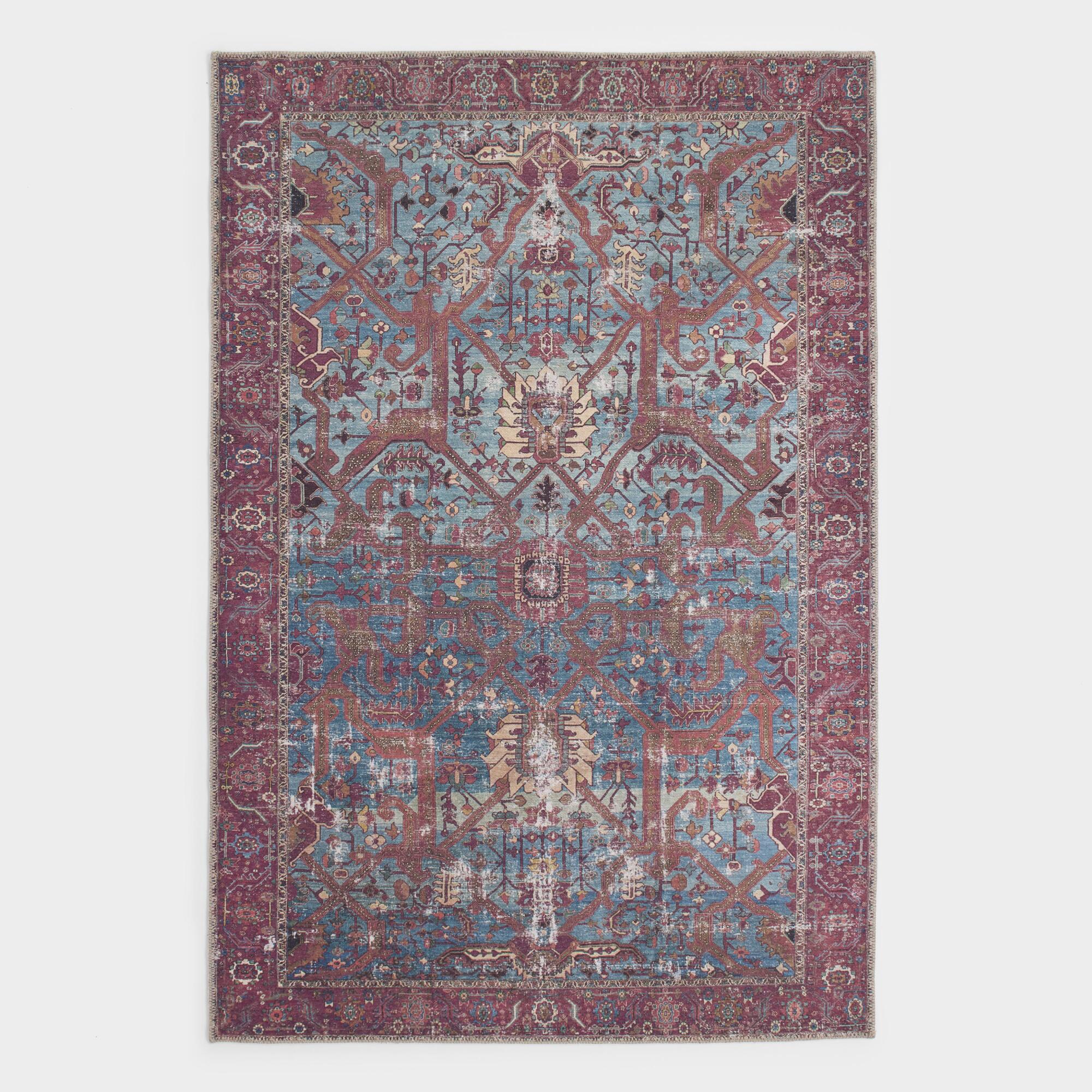 Blue and Red Patterned Phoenix Area Rug - Polyester - Runner by World Market