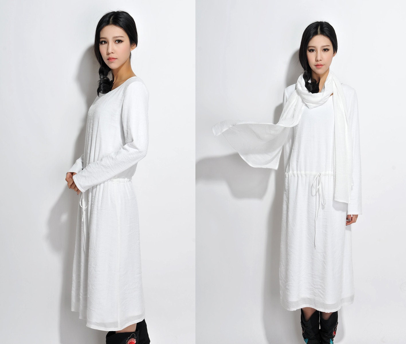 Long Silk Linen Blend Dress With Cotton Lining/ Any Size/Dress Scarf/ 20 Colors/ Ramies