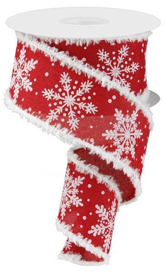 Christmas Wired Ribbon By The Roll 2.5 Red Canvas White Glitter Snowflakes 10 Yard Roll