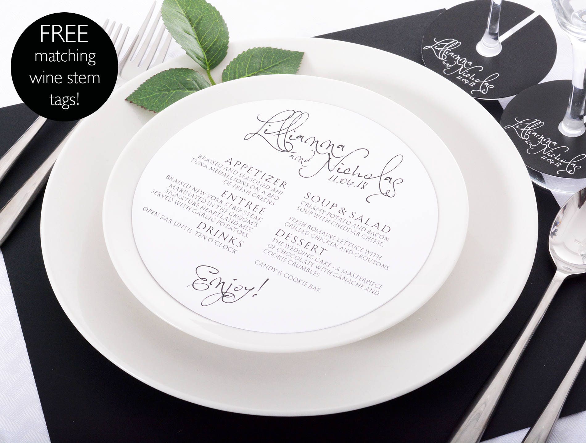 Round Wedding Menus - Plate Free Matching Wine Glass Tags 6.5 Personalized Menu Dinner #wdim-273