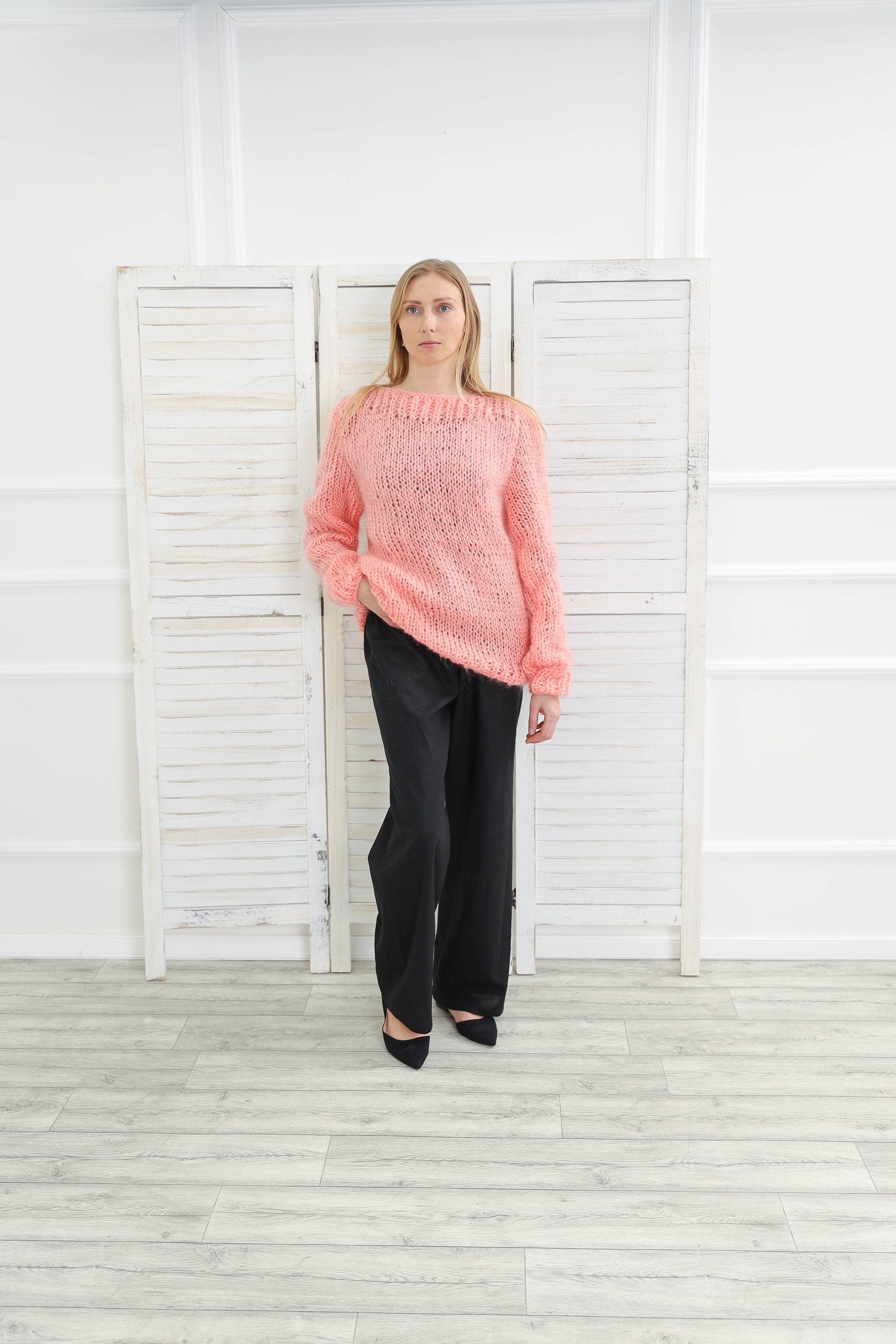 Pink Mohair Sweater, Oversized Hand Knit Long Sleeve Pullover, Winter Cardigan, Women Plus Size Clothing