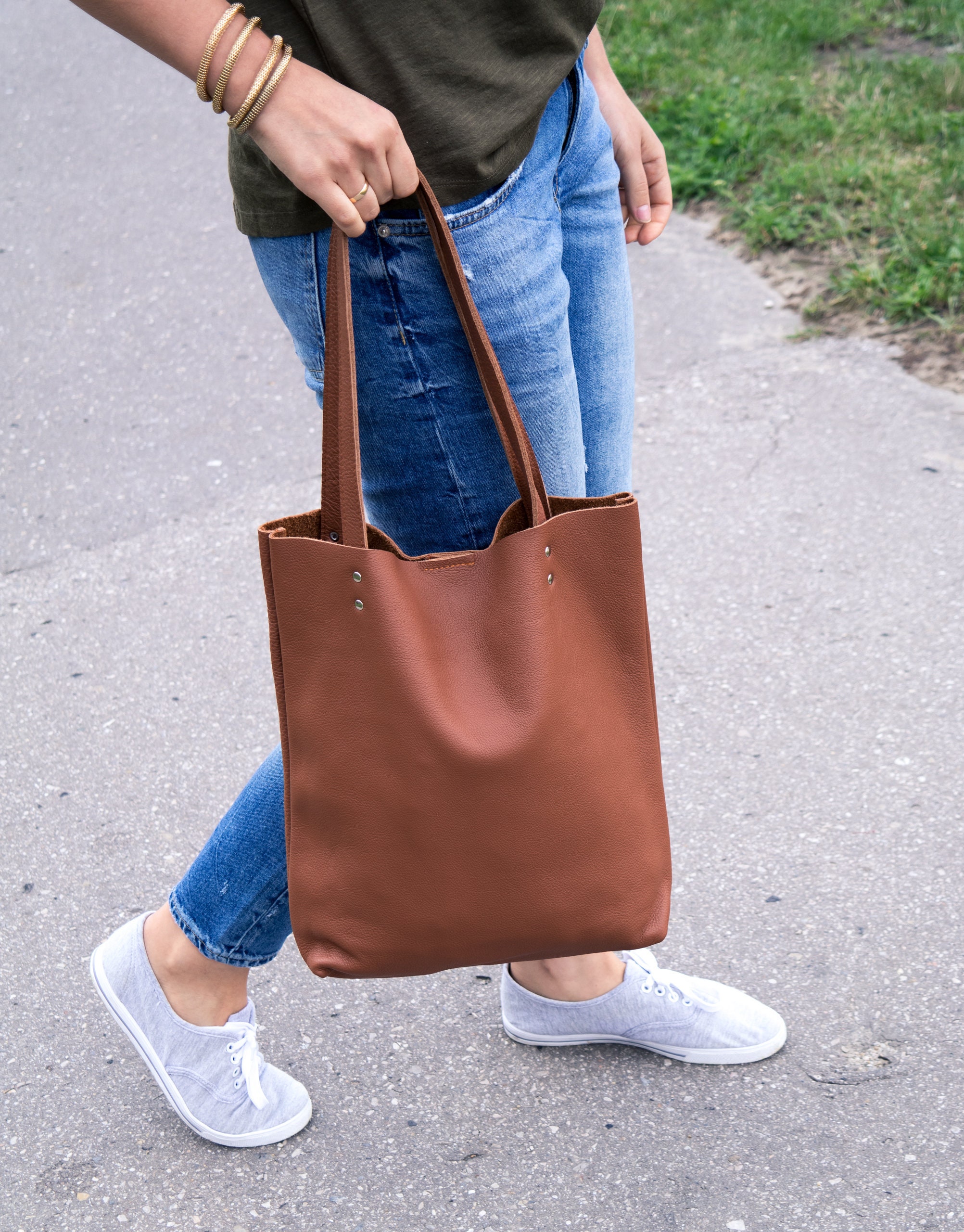 Leather Tote Bag - Brown Leather Purse Natural Book Womens Tote Bag, Handbag, Women, Simple Shoulder Qx