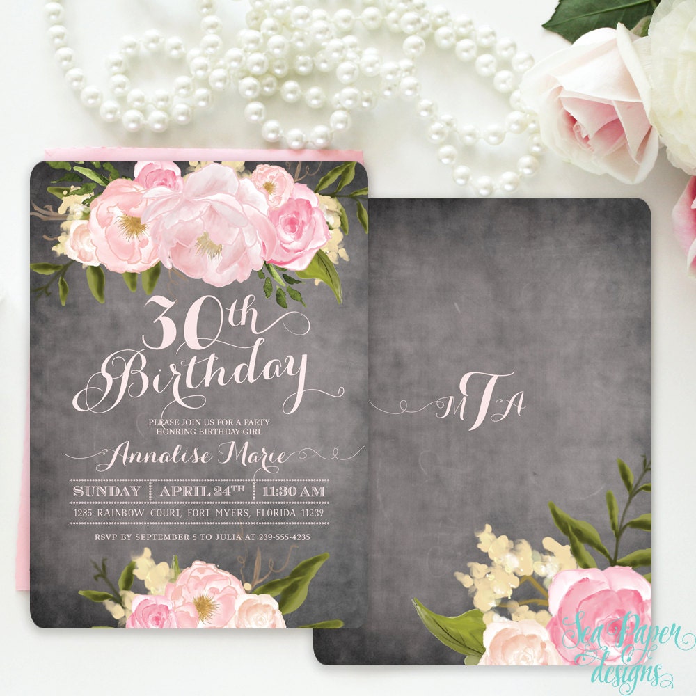 Floral Girl Birthday Invitation, Chalkboard Flowers With Pink Blush Peonies & Roses Rustic Shabby Chic Printed Or Digital - Emily