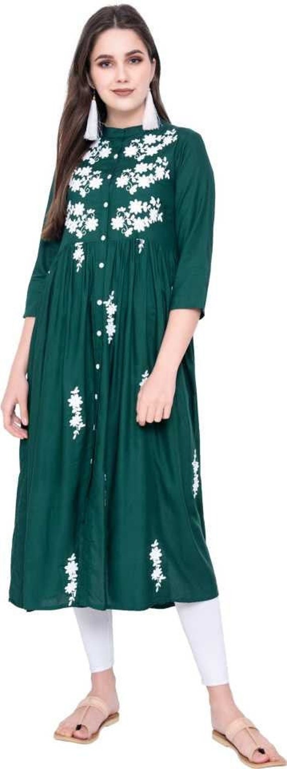 Women Embroidered Cotton Rayon Blend Flared Kurta Gift For Her