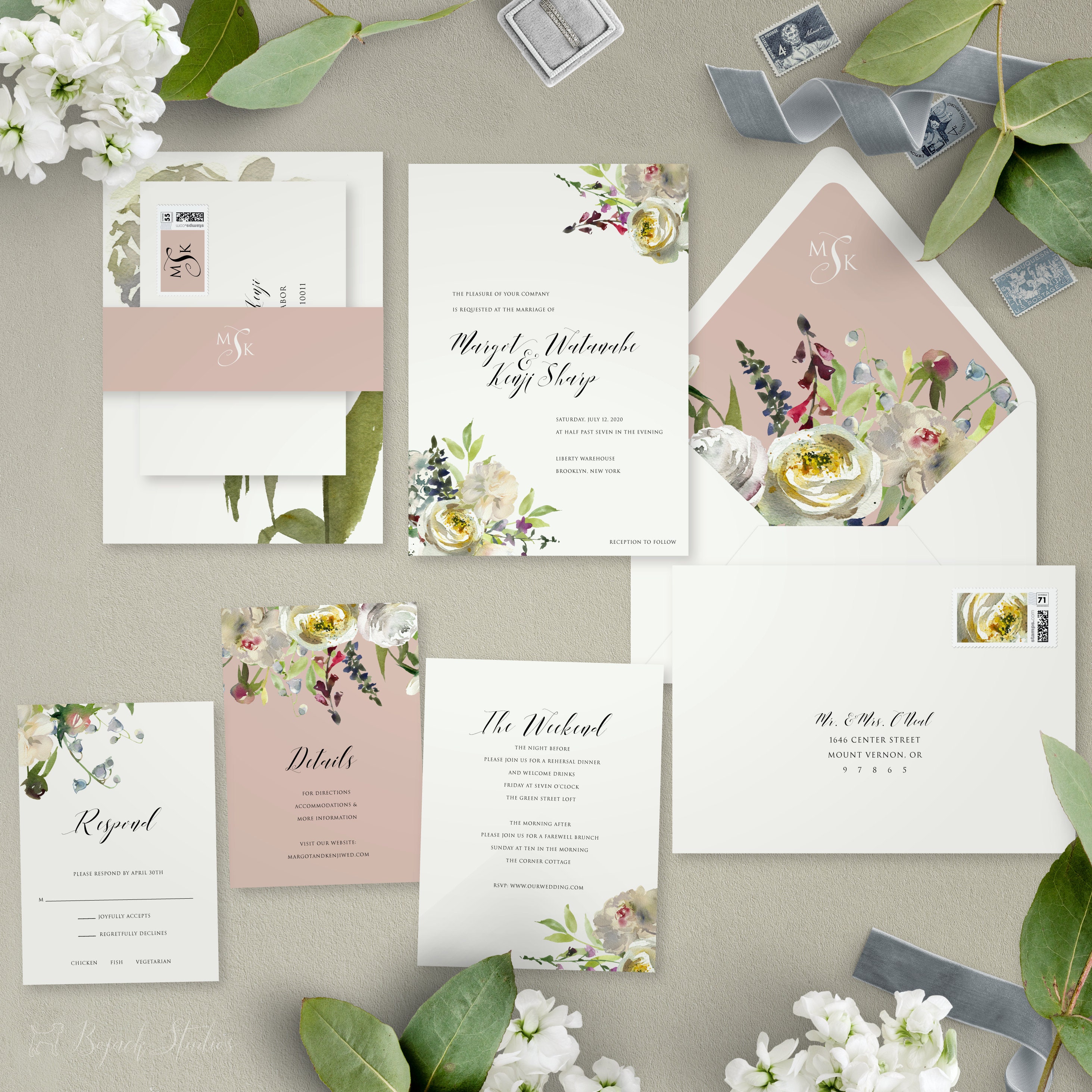 Dramatic Floral Wedding Invitations, Custom Wedding, Printable Invitation, Invite, Watercolor H002