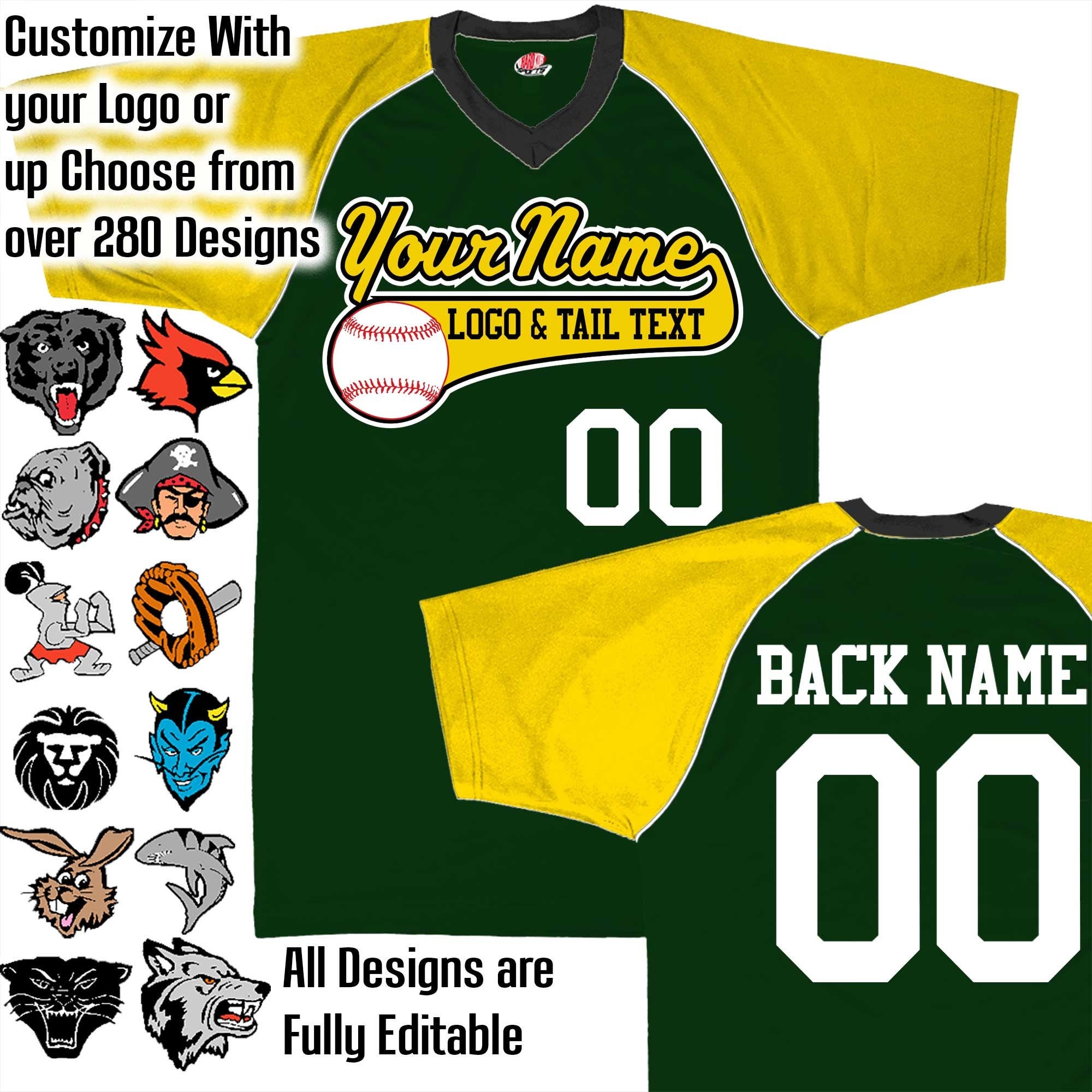 Dark Green, Gold & White Customized Baseball Jersey With Your Team, Player Name Numbers Custom Logo