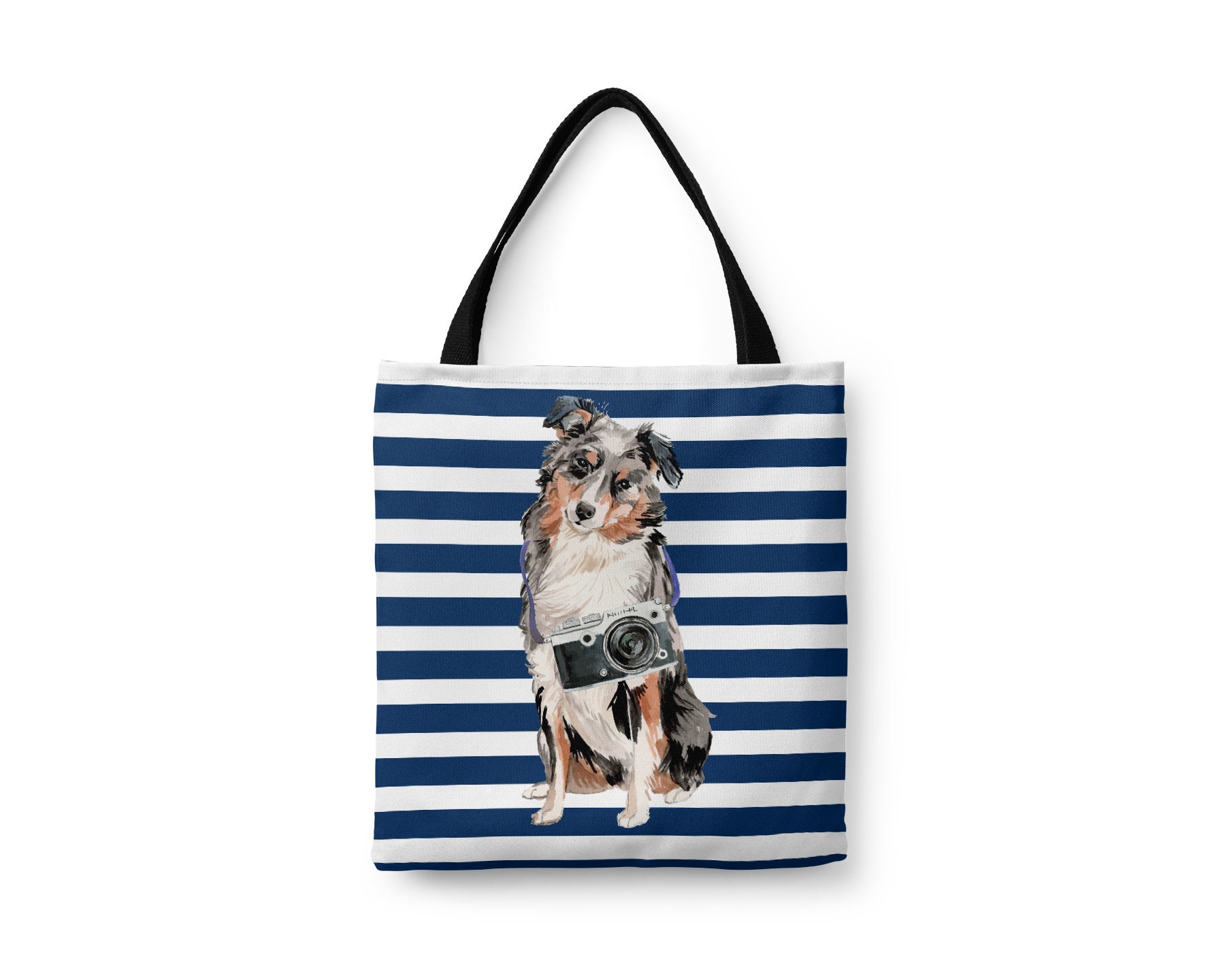 Australian Shepherd Large Tote Bag - Illustrated Dogs & 6 Travel Inspired Styles. All Purpose For Books, Work, Shopping. Aussie Little Blue