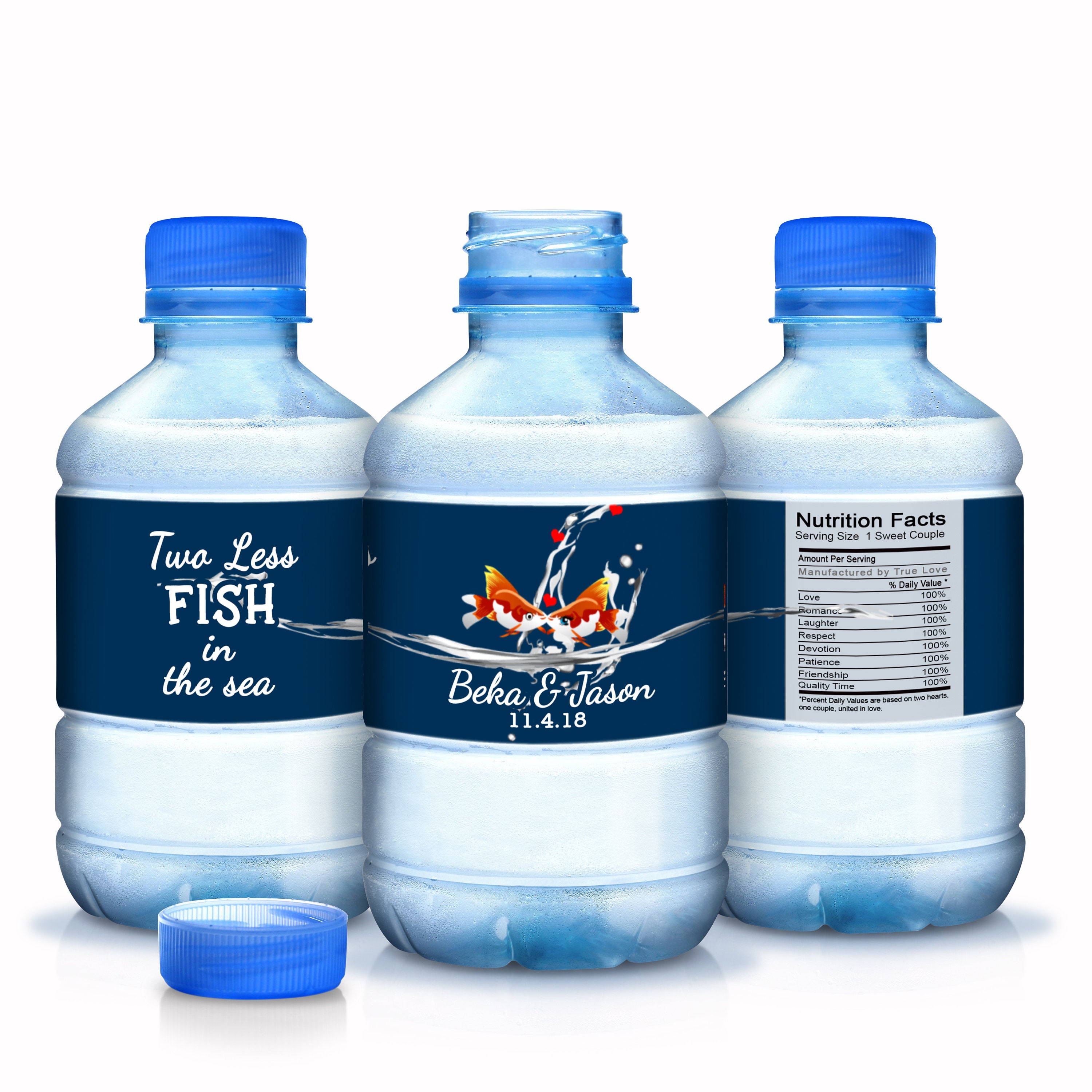 30 Custom Color Two Less Fish in The Sea Personalized Waterproof Wedding Water Bottle Labels