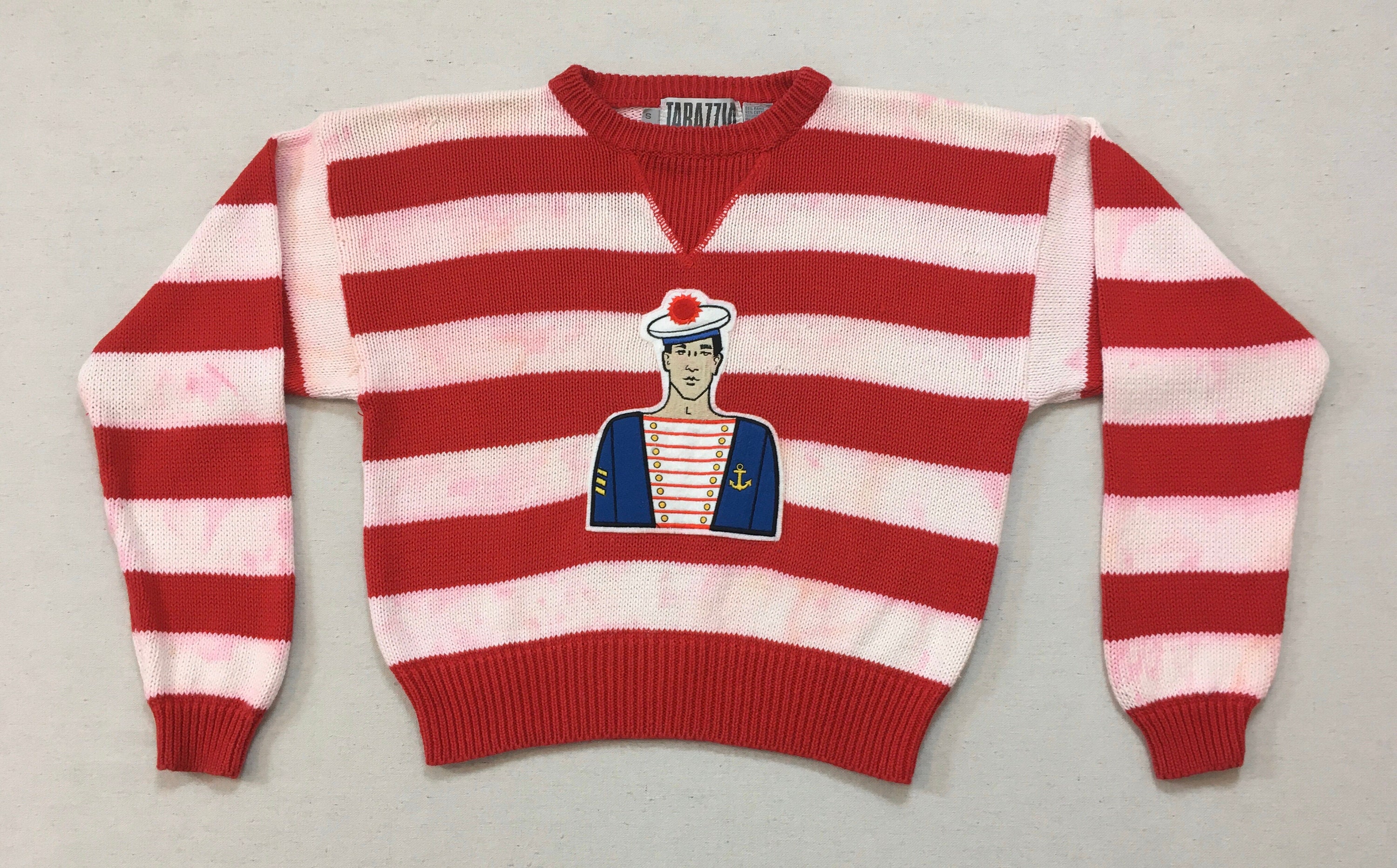 1980's, Ramie/Cotton Blend, Sailor Patch Sweater, in Red & White Stripes, By Tarazzia