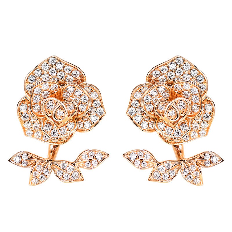 Diamond Rose Flower Ear Climbers in Solid 18K Gold/Two-Ways Jacket Earrings/Custom Jewelry/Personalization Design/Gift For Women & Girls