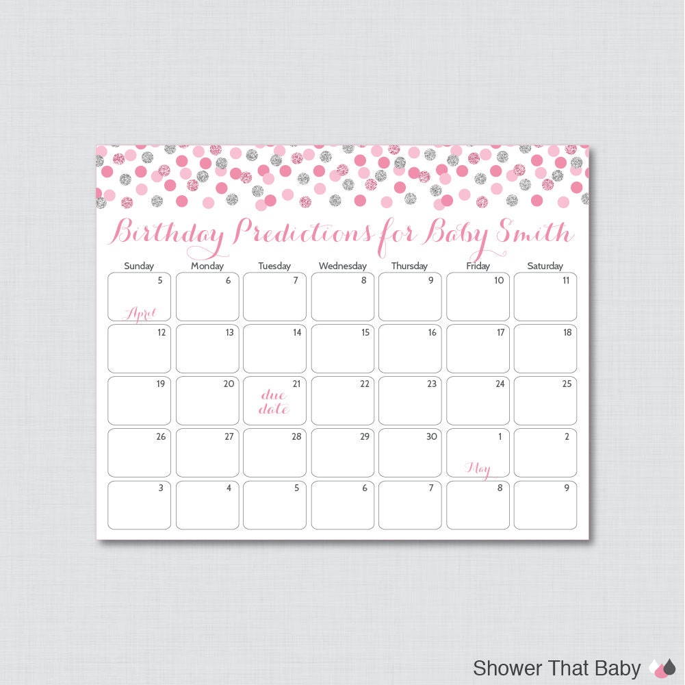 Pink & Gray Baby Shower Birthday Predictions - Printable Due Date Calendar & Guess Glitter Polka Dot 0023-P