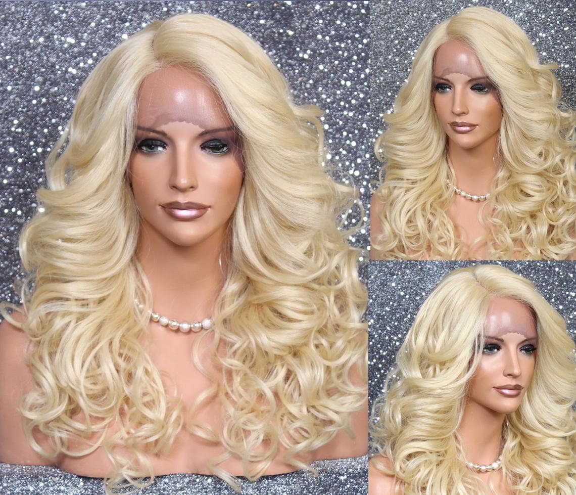 Pale Bleached Blonde Human Hair Blend Lace Front Wig Full Long Curly With Bangs Heat Safe Cancer Alopecia Theater