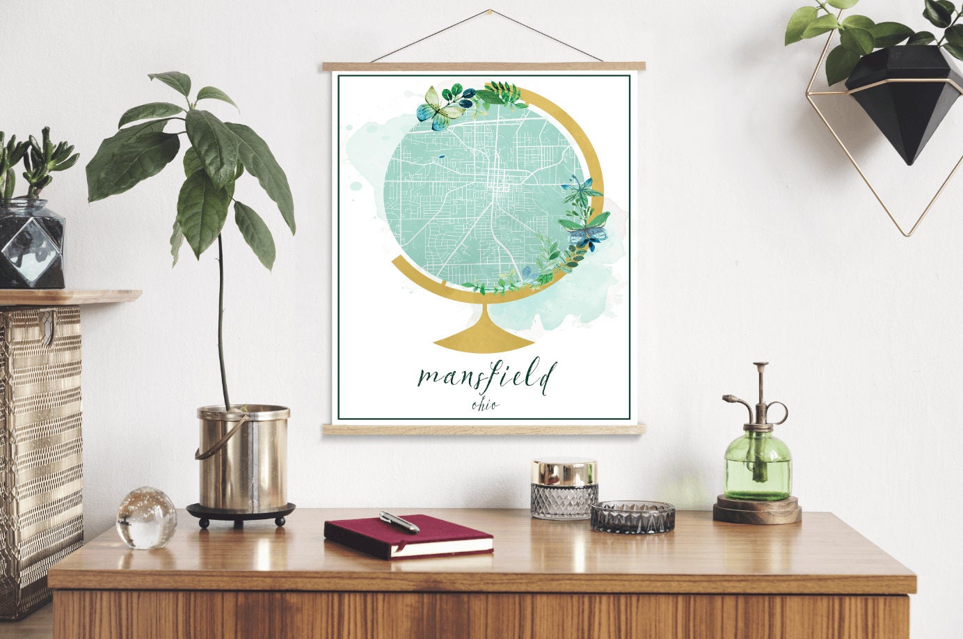 Mansfield Ohio Globe Street Map | Hanging Canvas Of Printed Marketplace