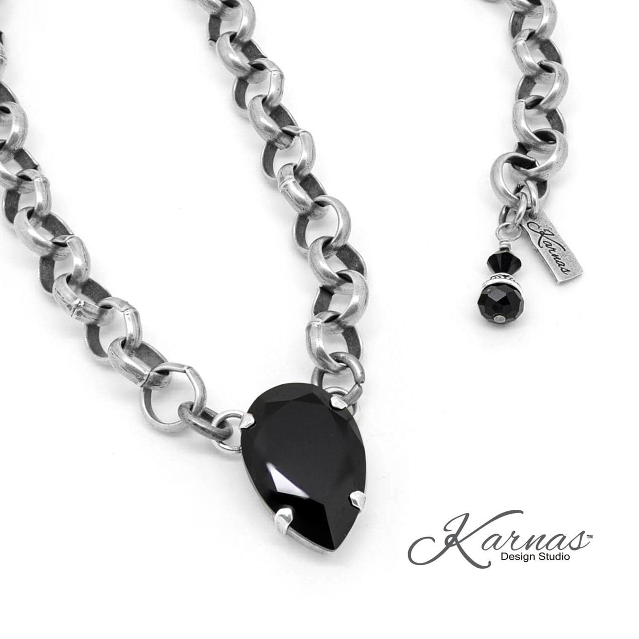 Jet Black 30X20mm Xl Pear Statement Chain Necklace Made With K.d.s. Premium Crystal Antique Silver Karnas Design Studio Free Shipping
