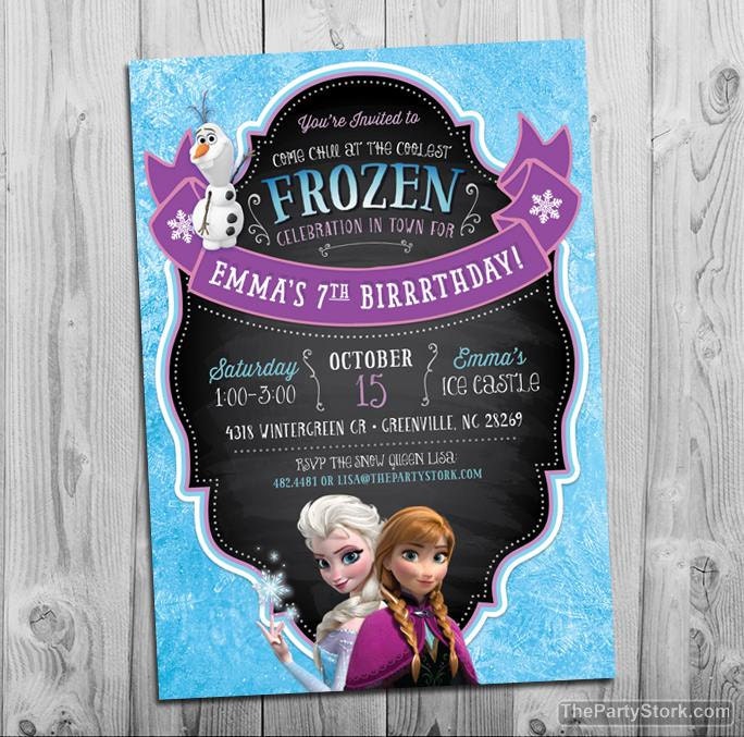 Frozen Invitation | Printable Birthday Party Invite With Elsa, Anna & Olaf Purple Blue Chalkboard Style Free Back