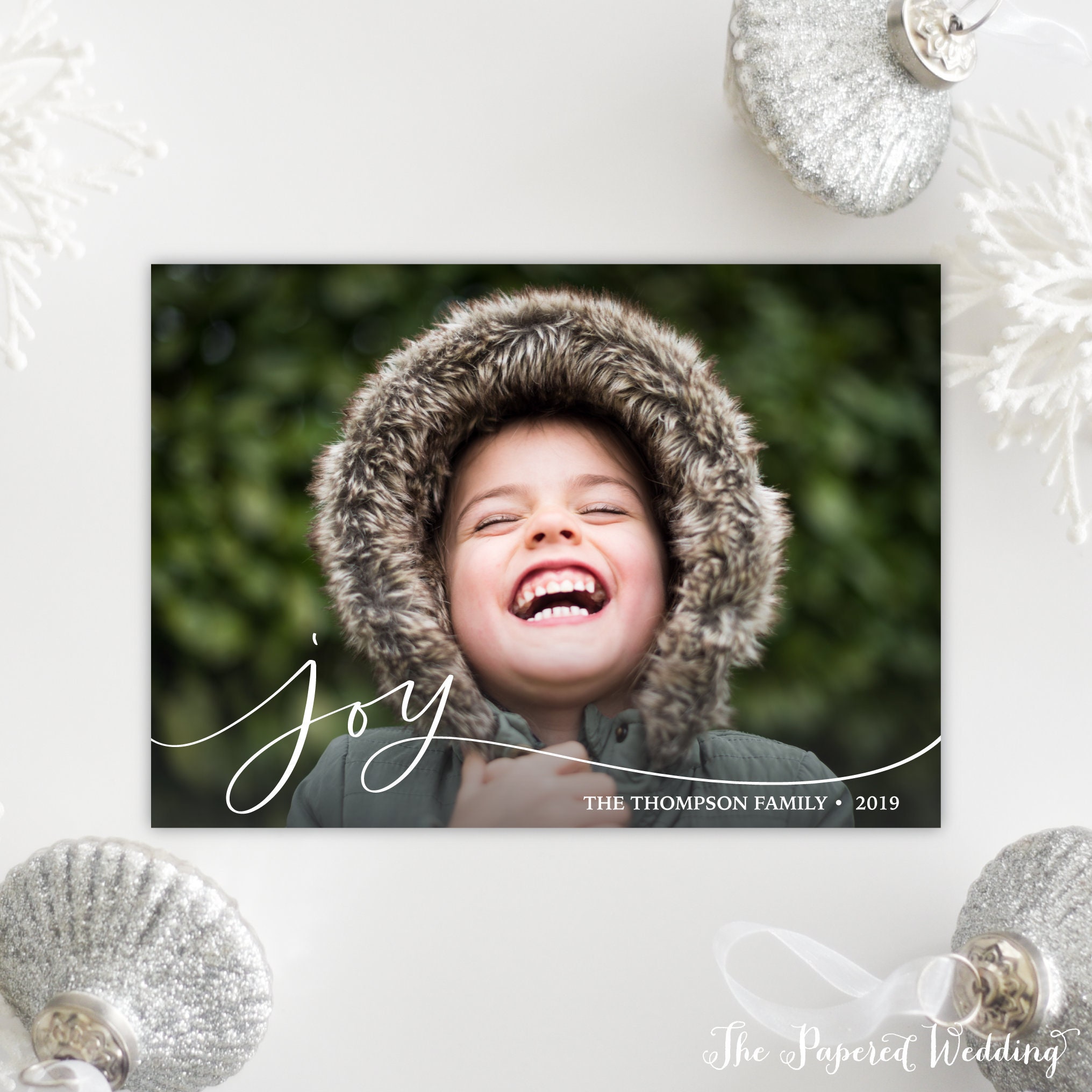 Printable Or Printed Joy Photo Christmas Cards - Horizontal Picture Holiday Card, Script Wording, Religious 060 P1"
