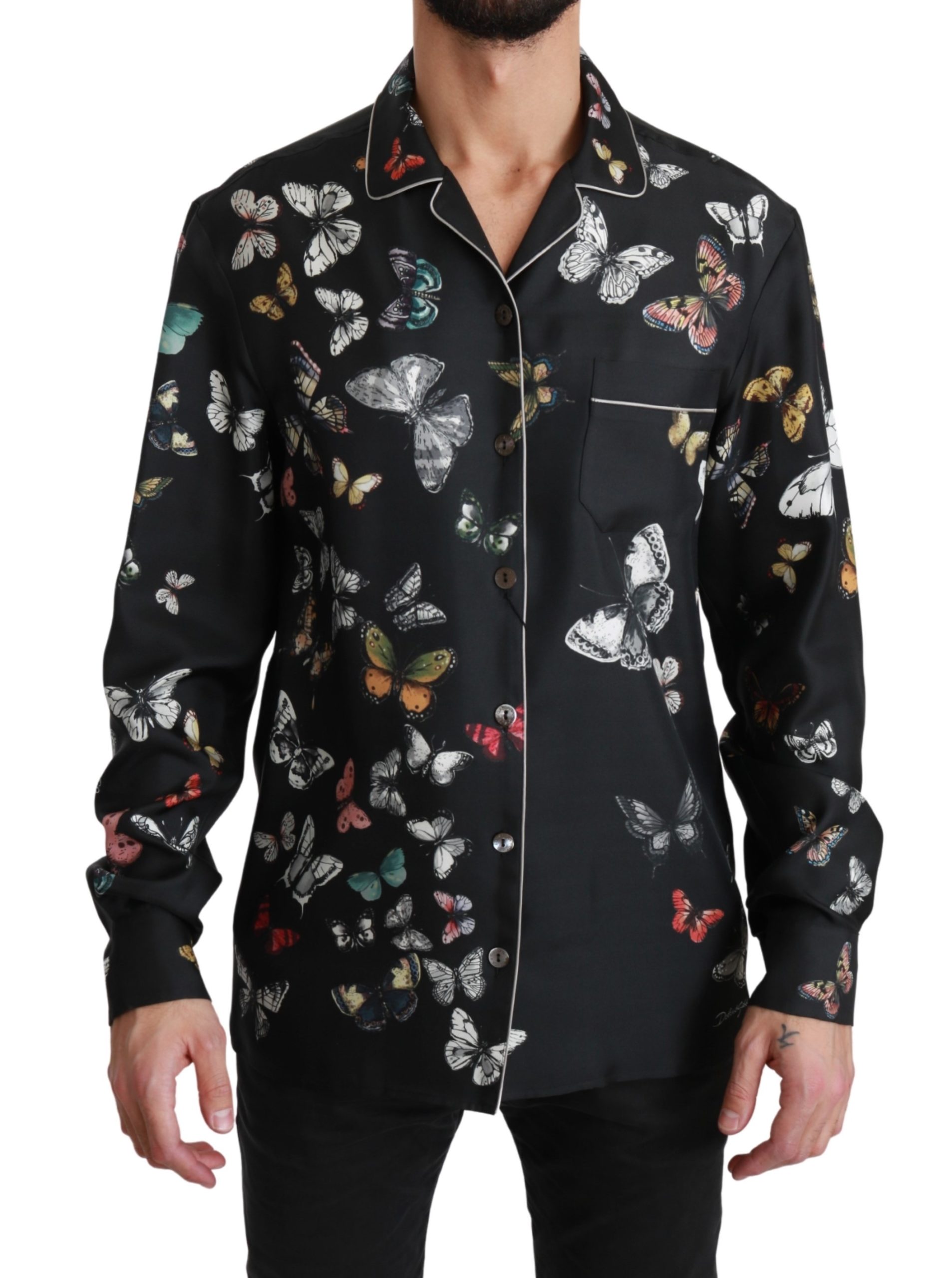 Dolce & Gabbana Men's Butterfly Pattern Silk Casual Shirt Black TSH4480 - IT40 | M