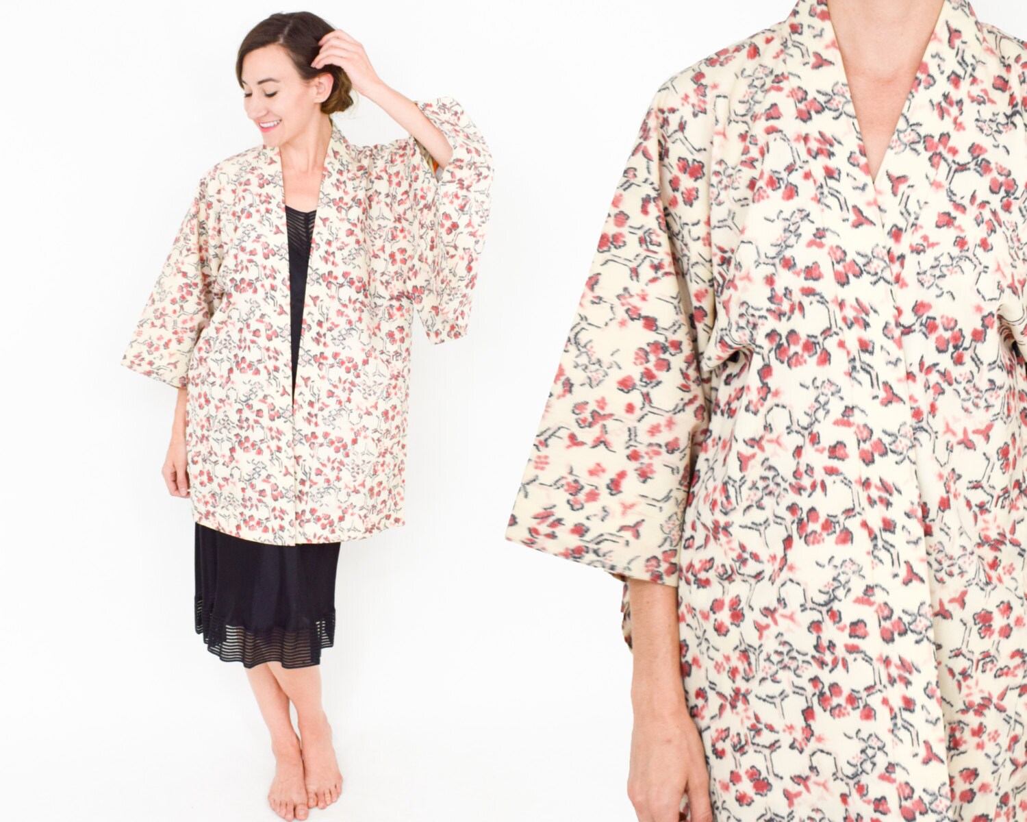 1950S Beige Wool Silk Blend Haori | 50S Short Print Kimono Jacket Pink Floral Medium