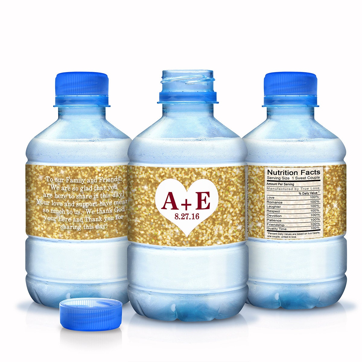 30 Personalized Faux Gold Glitter Hearts & Initials Wedding Water Bottle Labels - Anniversaries, Weddings, Birthdays, More