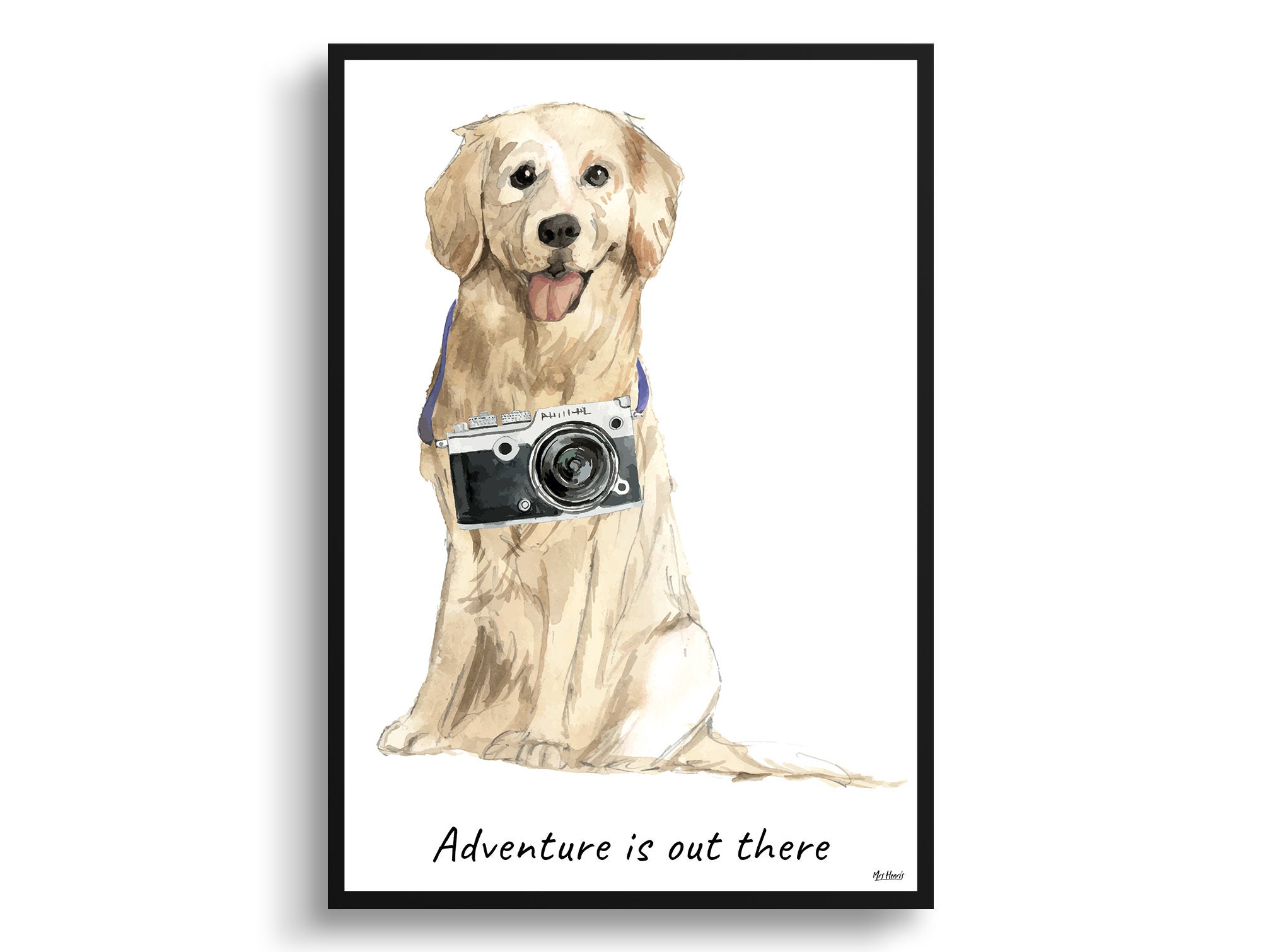 Adventure Is Out There Golden Retriever Dog Print Illustration. Framed & Un-Framed Wall Art Options. Personalised Name