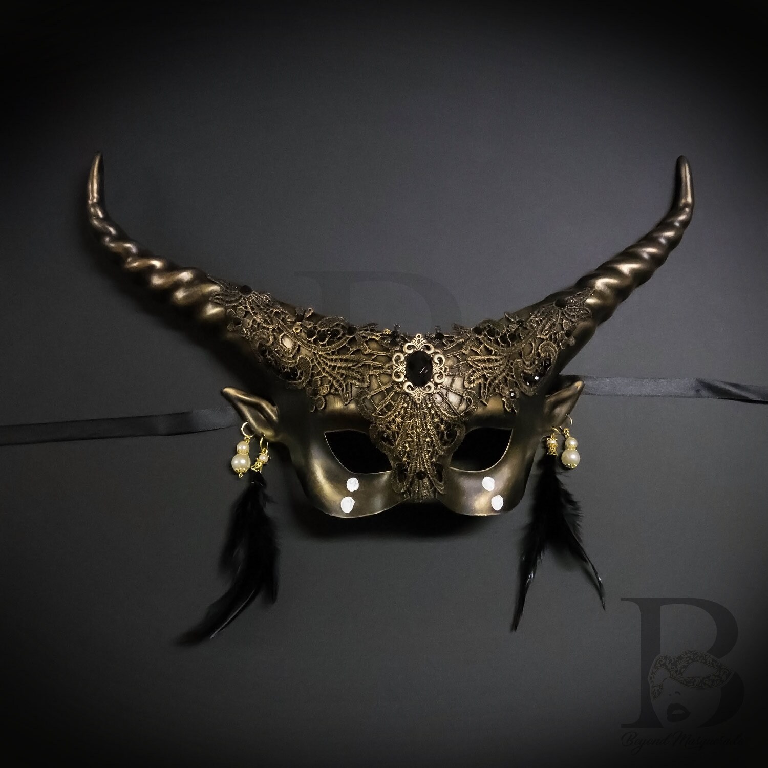 Ram Mask, Masquerade Masks, Whimsical Ethereal Mask With Feather Earrings