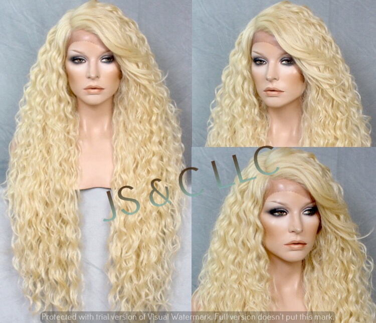 38 Extra Long Human Hair Blend Full Lace Front Wig With Beautiful Spiral Waves & Feathered Bangs Heat Safe Pale Bleach Blonde Ok