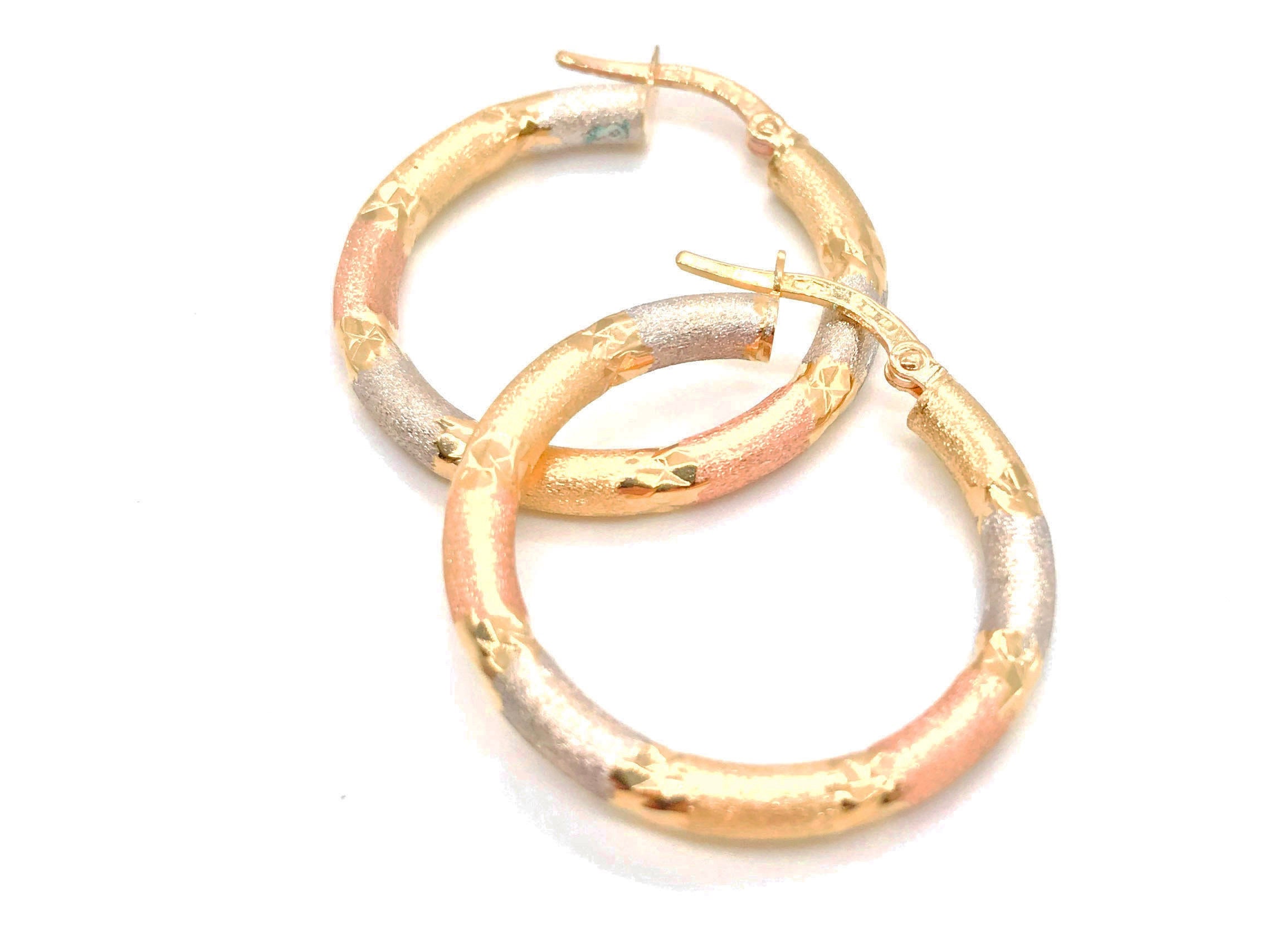 18K Tri-Color Gold Dainty Hoop Earrings Hoops Yellow White & Rose Light Weight Comfortable To Wear Italian