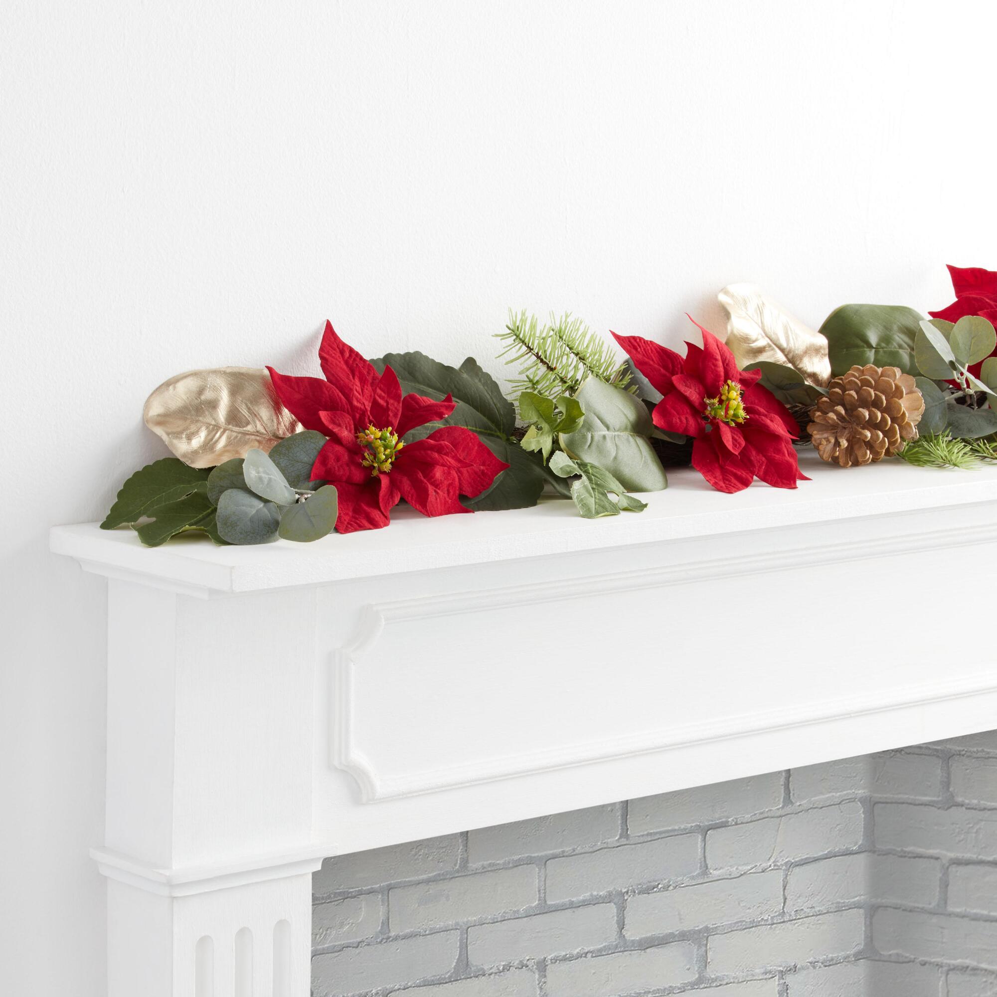 Pier Place Red Faux Poinsettia and Gold Leaf Garland: Multi - Plastic by World Market