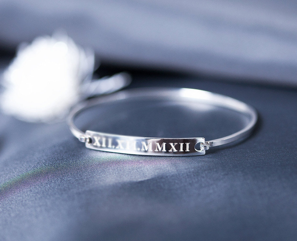 Custom Roman Numeral Bangle - Numberal Bracelet Wedding Gift Name Personalized Jewelry Love