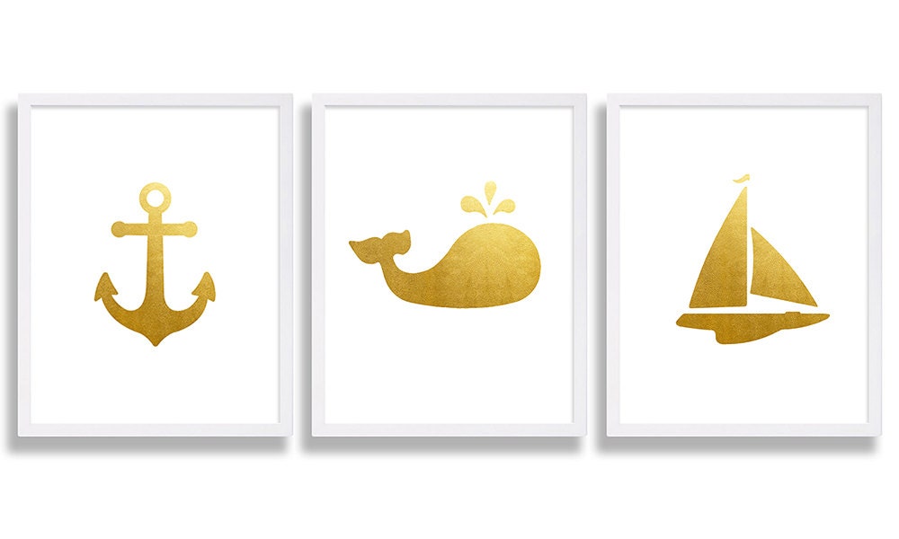 Gold Nursery Prints Set Of Three Nautical Art Baby Shower Gift Beautiful Ideas Girls Room Whale Anchor