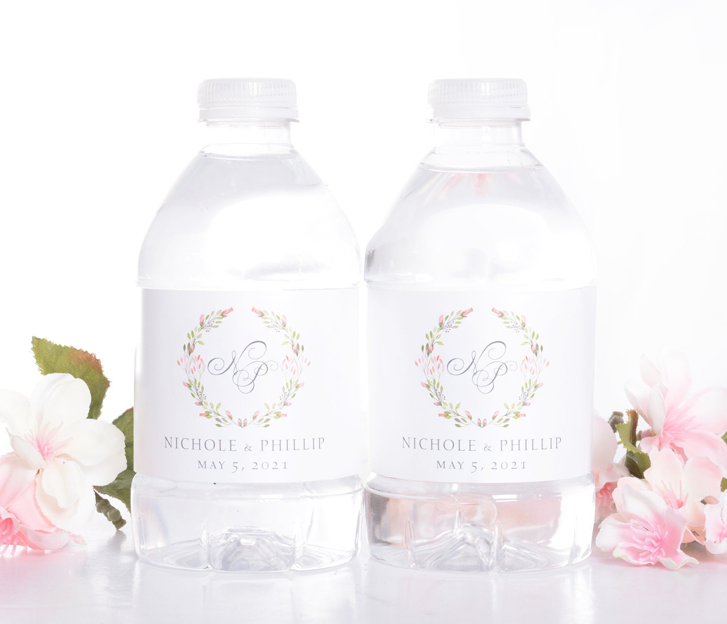 Pink Floral Wedding Water Bottle Labels - Elegant Waterproof For Weddings Stickers #wdiw-351