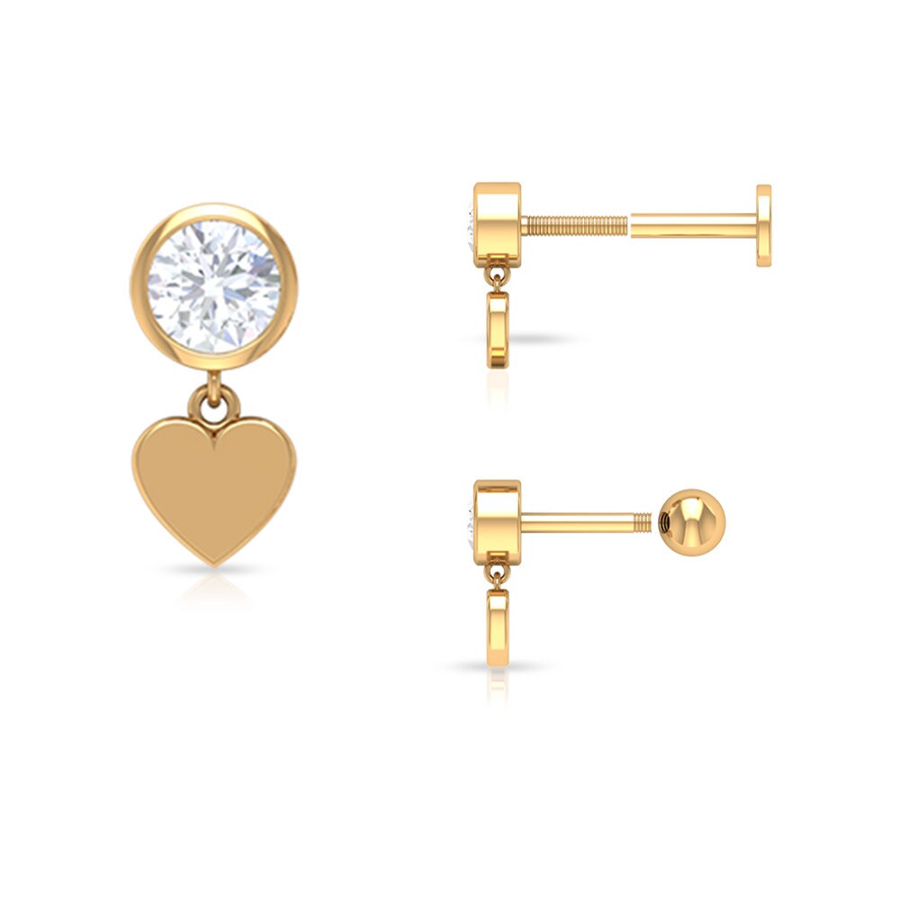 Gold Heart Earrings, 1/4 Ct Bezel Set Diamond Drop Helix Piercings, Body Jewelry