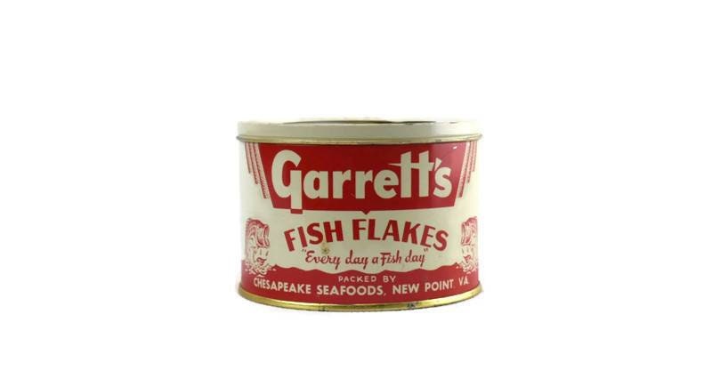 Garrett's Fish Flakes Tin Advertising Can Chesapeake Seafoods, New Point Virginia 1 lb. Seafood - Oyster Rock