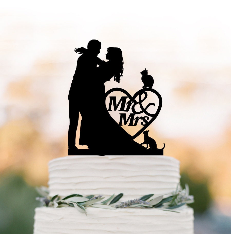 Unique Wedding Cake Topper With Cats, Bride & Groom Wedding Cake Topper, Mr & Mrs in Heart, Funny Cat