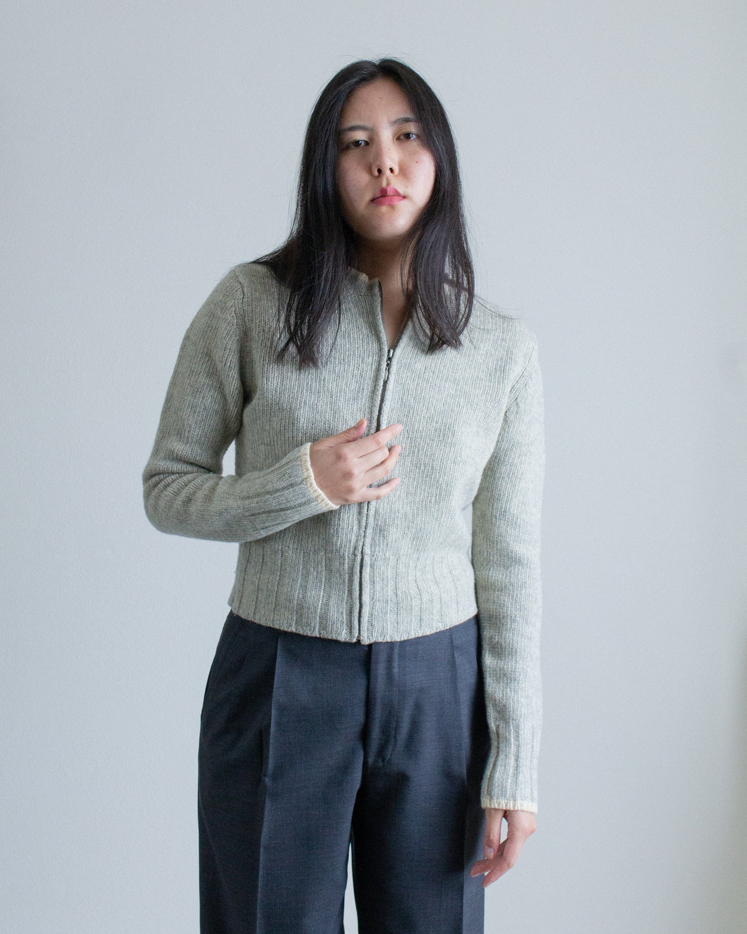Vintage Light Gray & Cream Wool Blend Zip Up Sweater // S | 2304