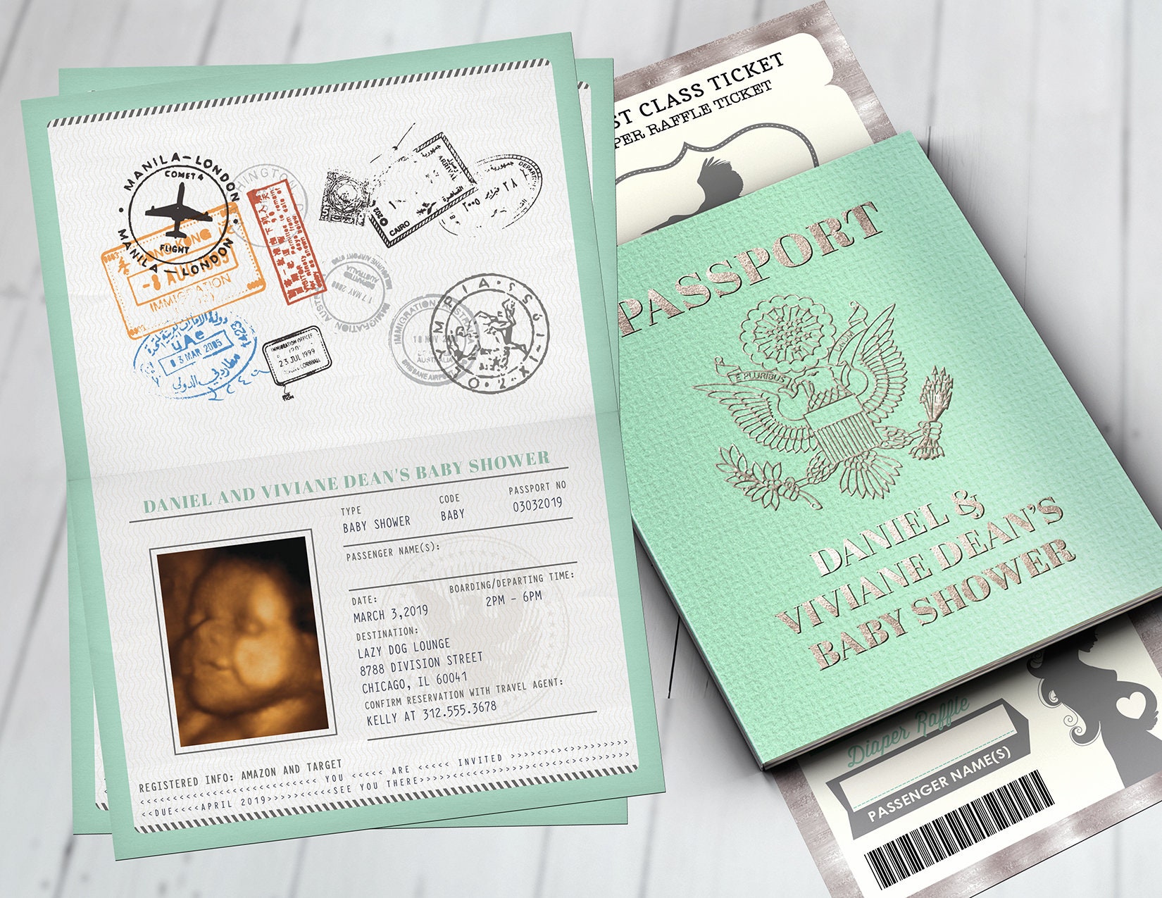 Passport & Ticket Baby Shower Invitation, Coed Invitation - Travel Couples