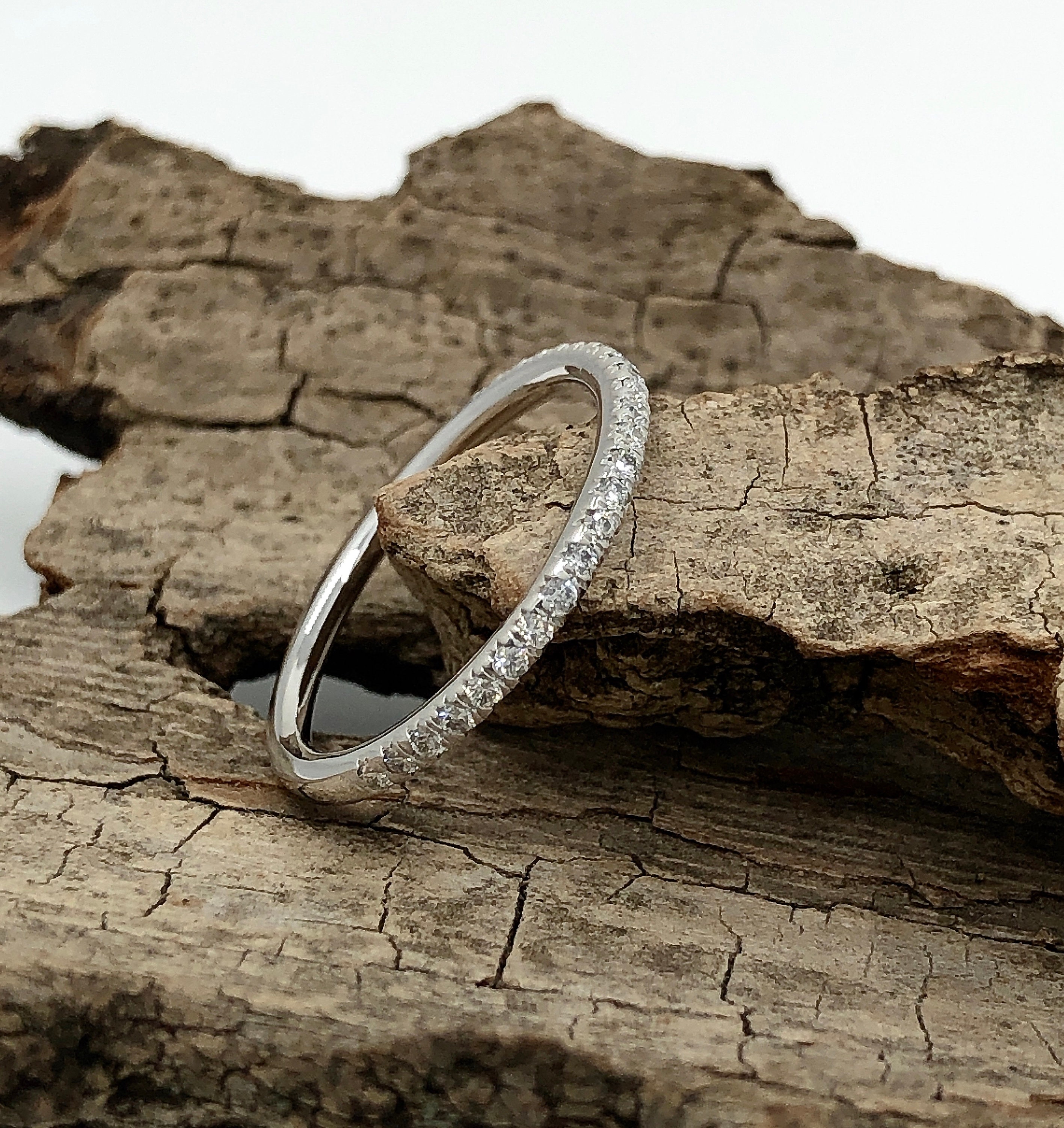 14K White Gold Matching Band, Diamond Wedding Half Eternity Dainty Pave Stackable Band