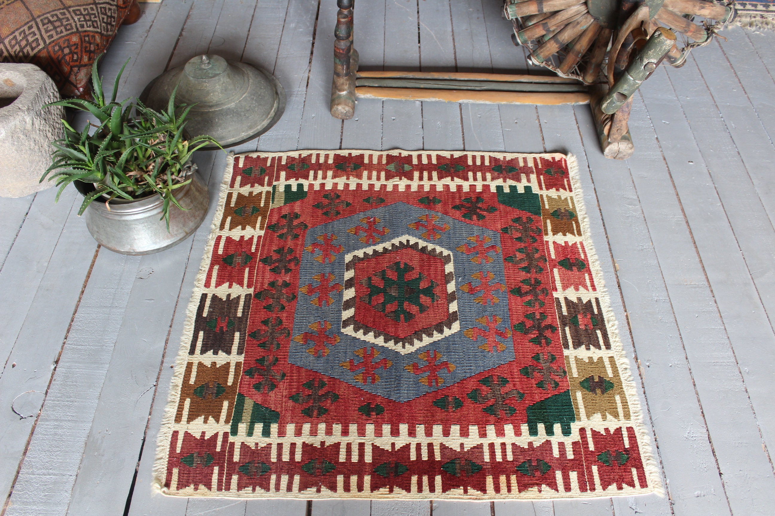 2'4x2'6 Ft Vintage Turkish Kilim Rug, Ethnic Kilim, Small Bohemian Aztec Design Red Kilim Doormat"