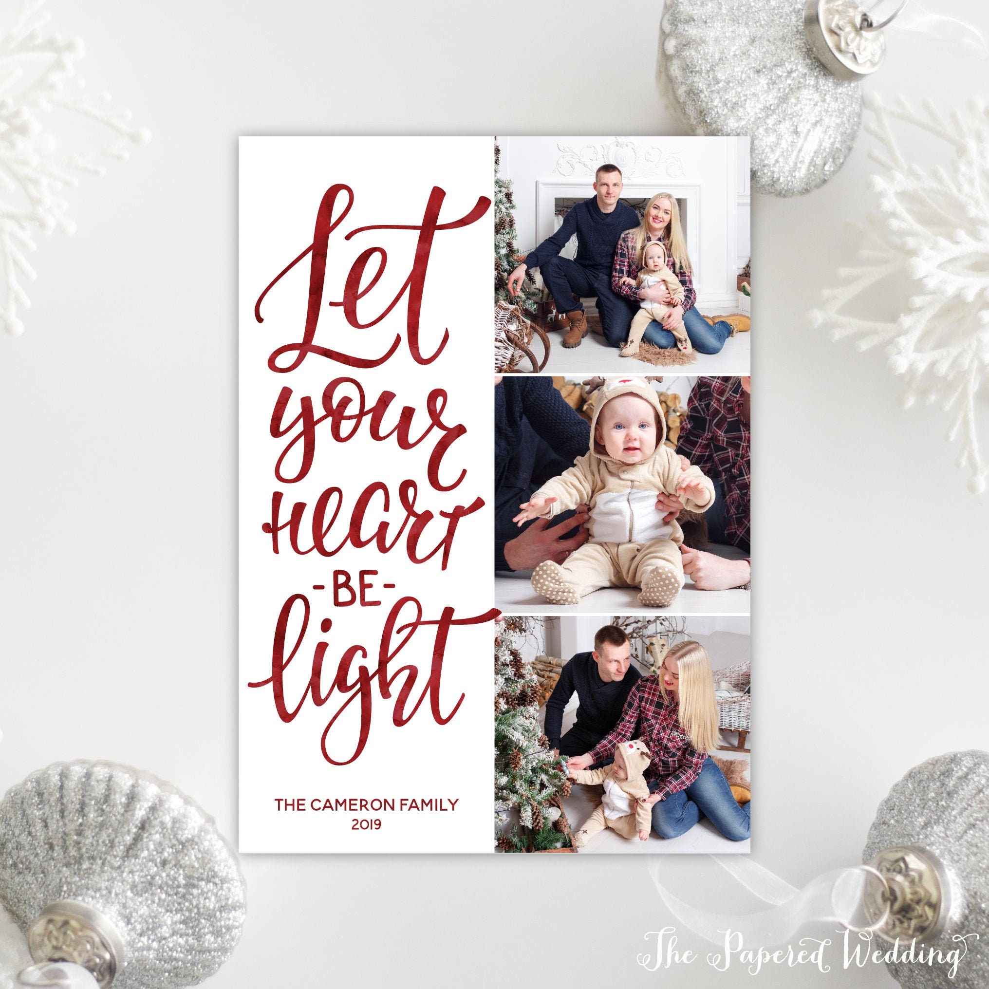 Printable Or Printed Picture Collage Holiday Cards With Red Watercolor - Let Your Heart Be Light Three Pictures 098 P3